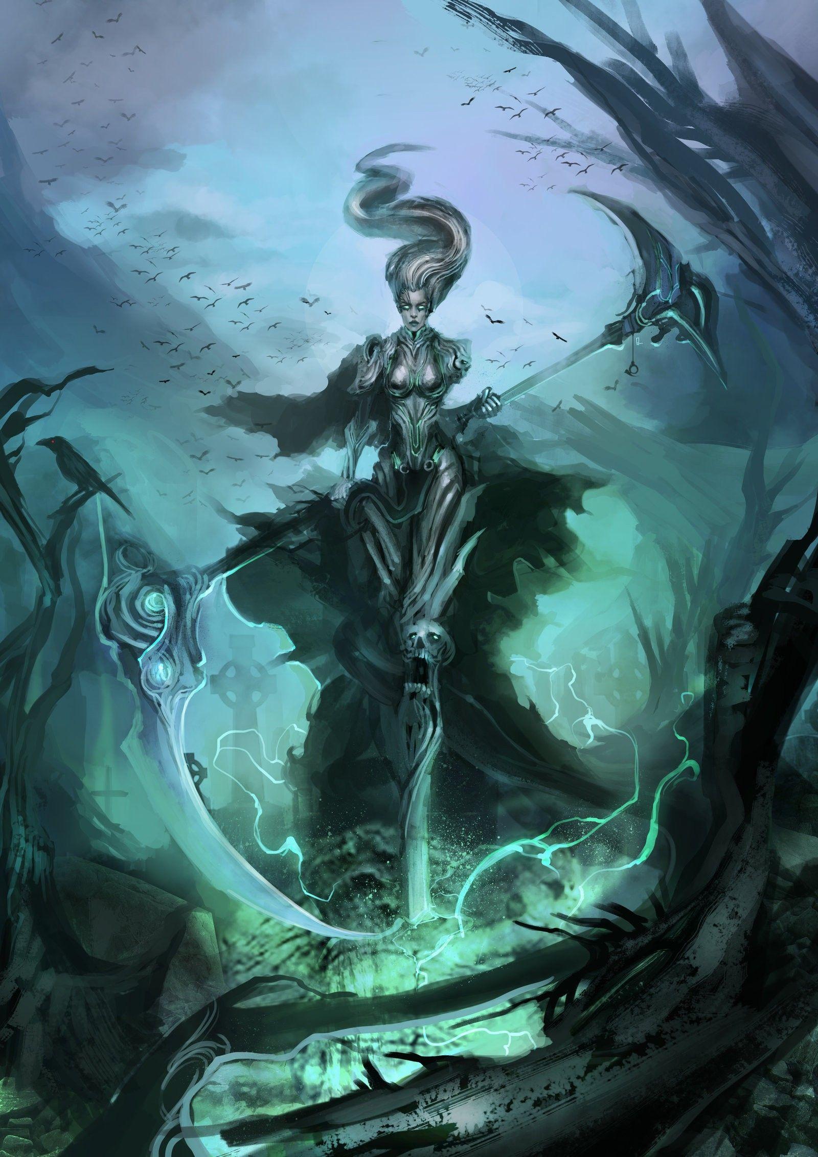 1600x2263 women, death, scythe, artwork, four horsemen wallpaper