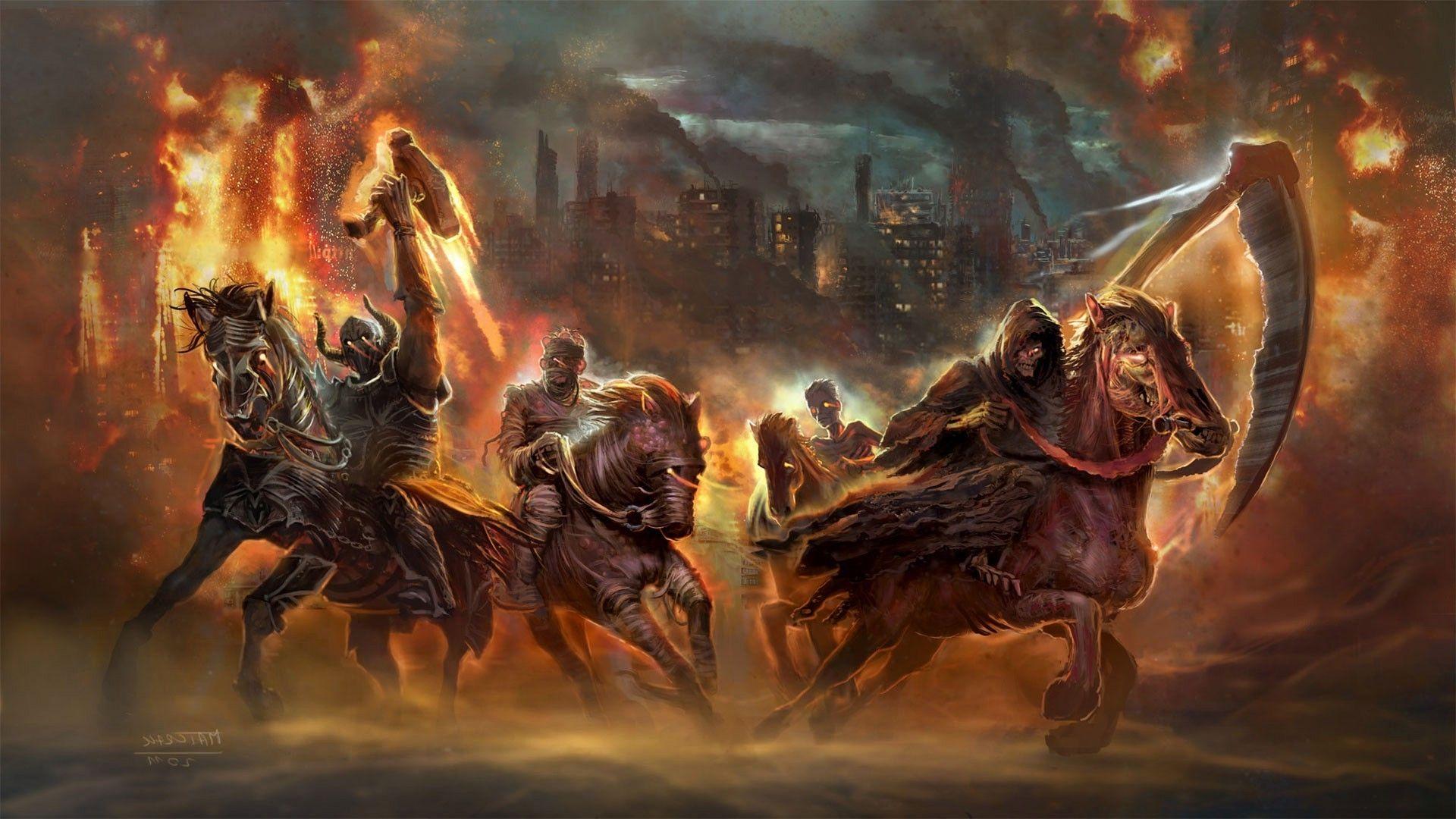1920x1080 Four Horsemen Of The Apocalypse, Horse, Fantasy Art, Apocalyptic, Fire, Destruction, Scythe, War Wallpaper HD / Desktop and Mobile Background