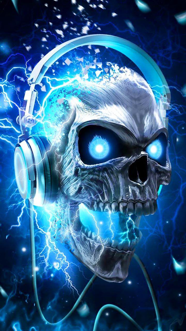 720x1280 Skull music headphone art. Neon blue metallic skull design art. #neon #skull. Skull wallpaper, Skull art, Headphones art