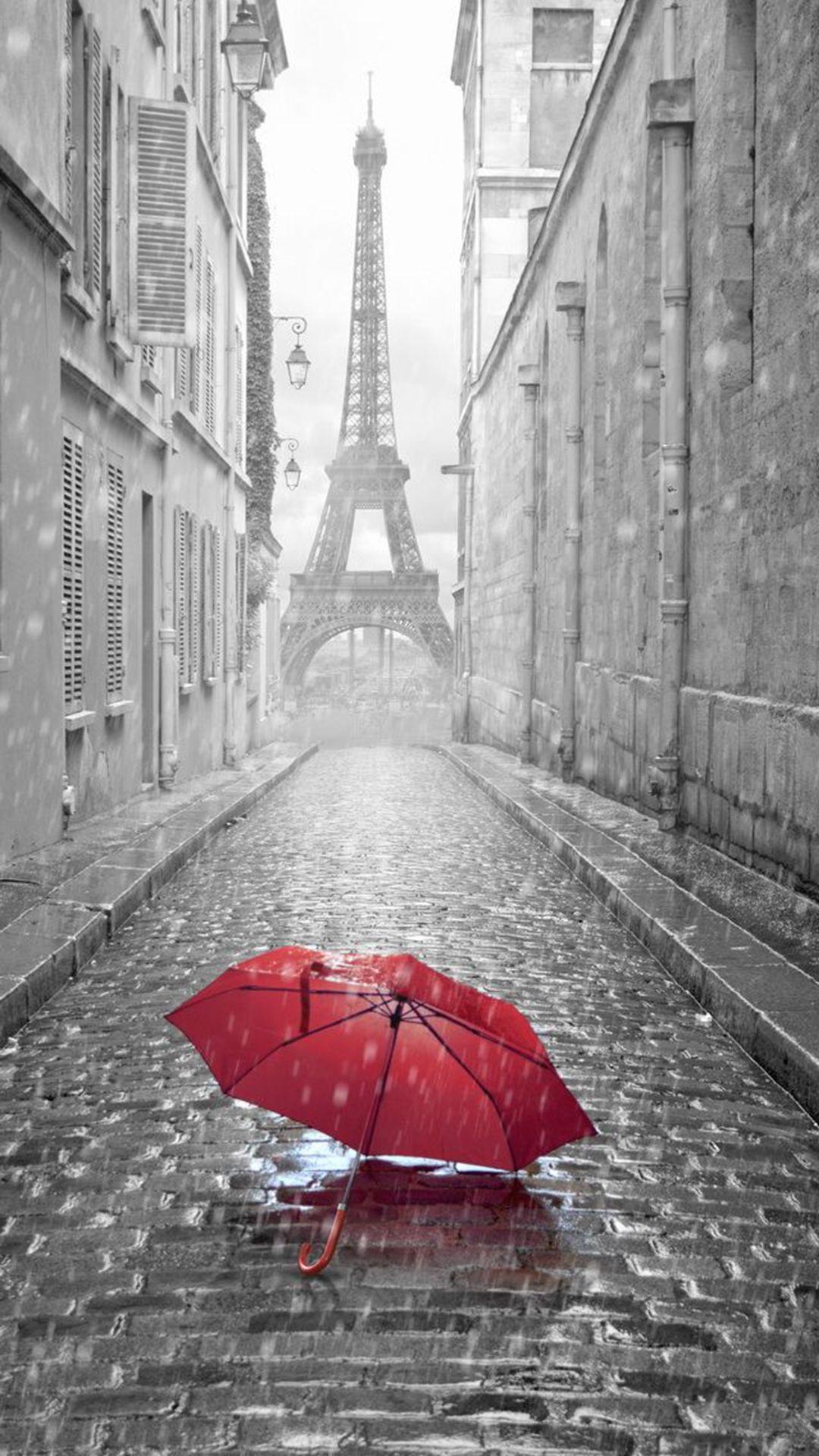 1080x1920 Red Umbrella Paris Street Rainy Day Eiffel Tower iPhone 8 Wallpaper Free Download