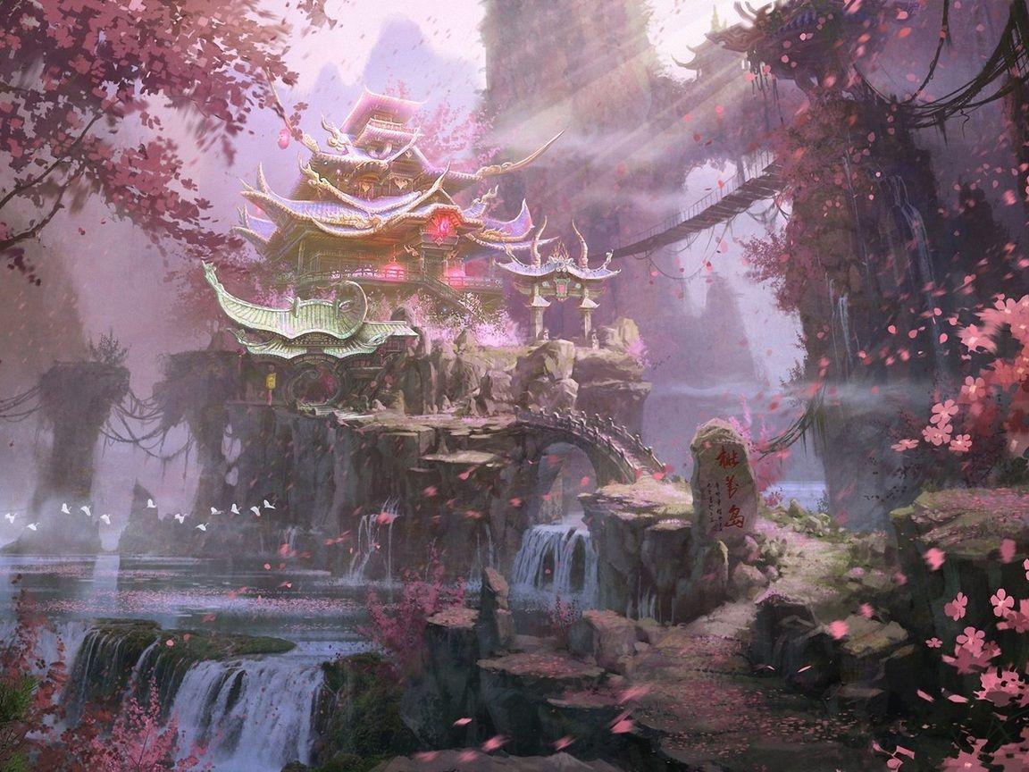 1152x864 bloom, trees, waterfalls, rock, spring, landscape, art desktop wallpaper 340