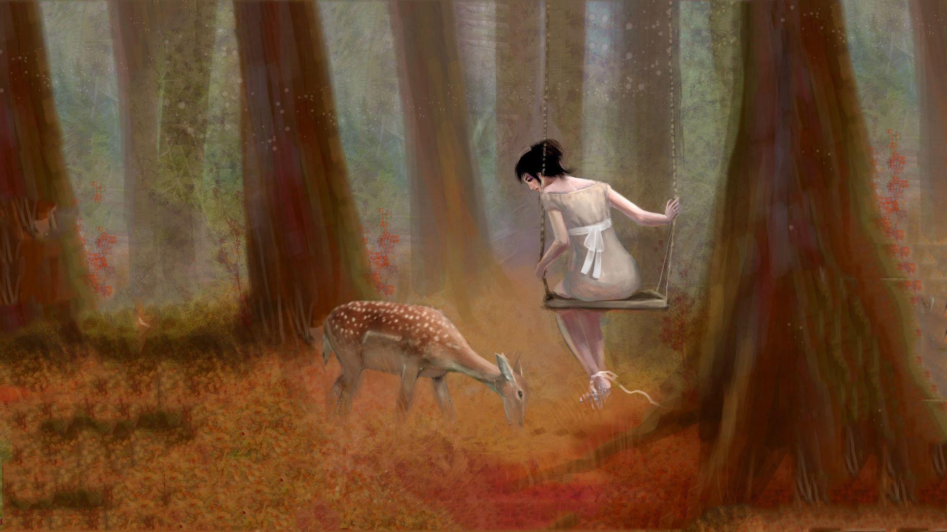 1920x1080 HD Looking at the deer in the forest Wallpaper