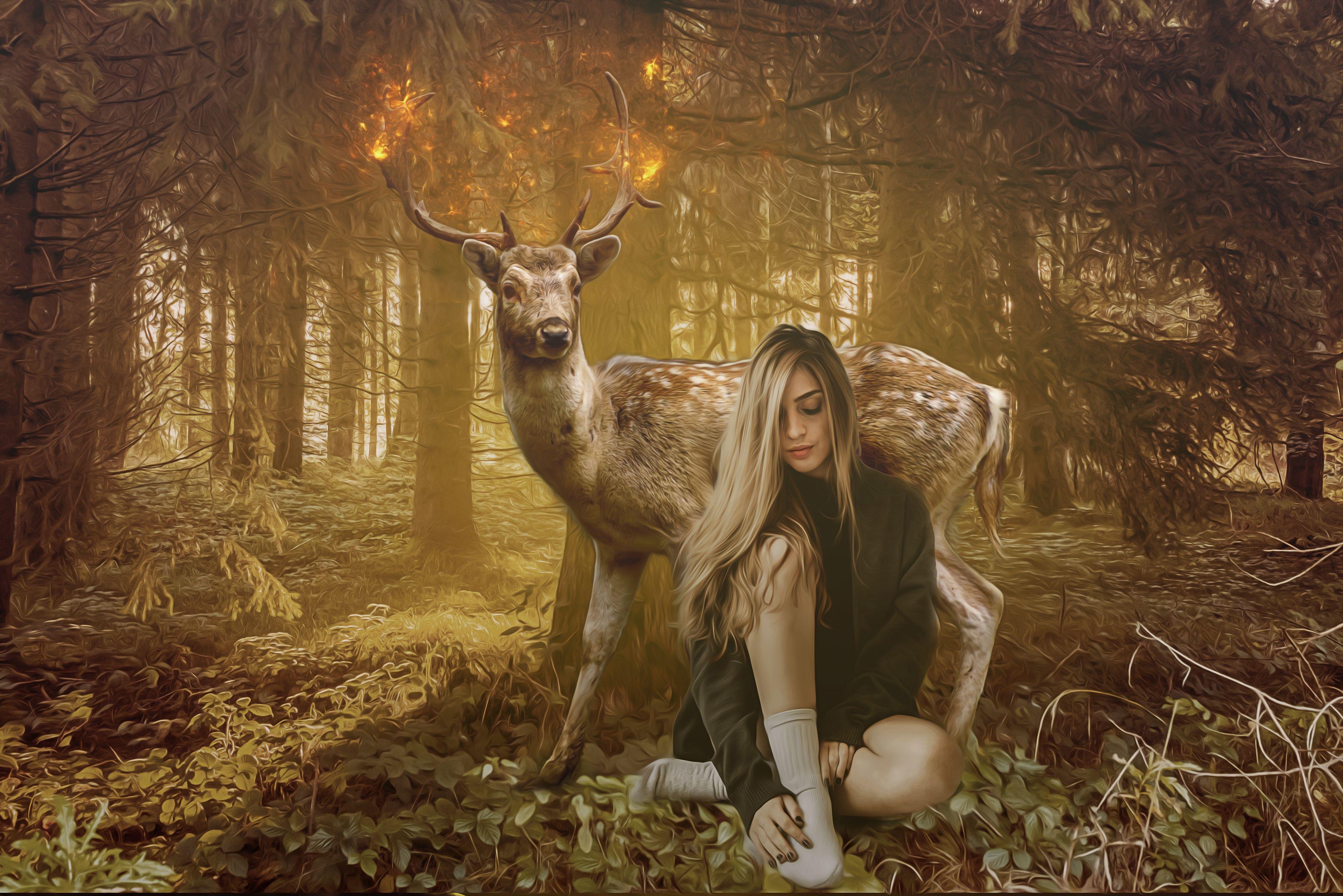 3840x2562 Desktop Wallpaper Deer Girls Forests Sitting Animals 3840x2562