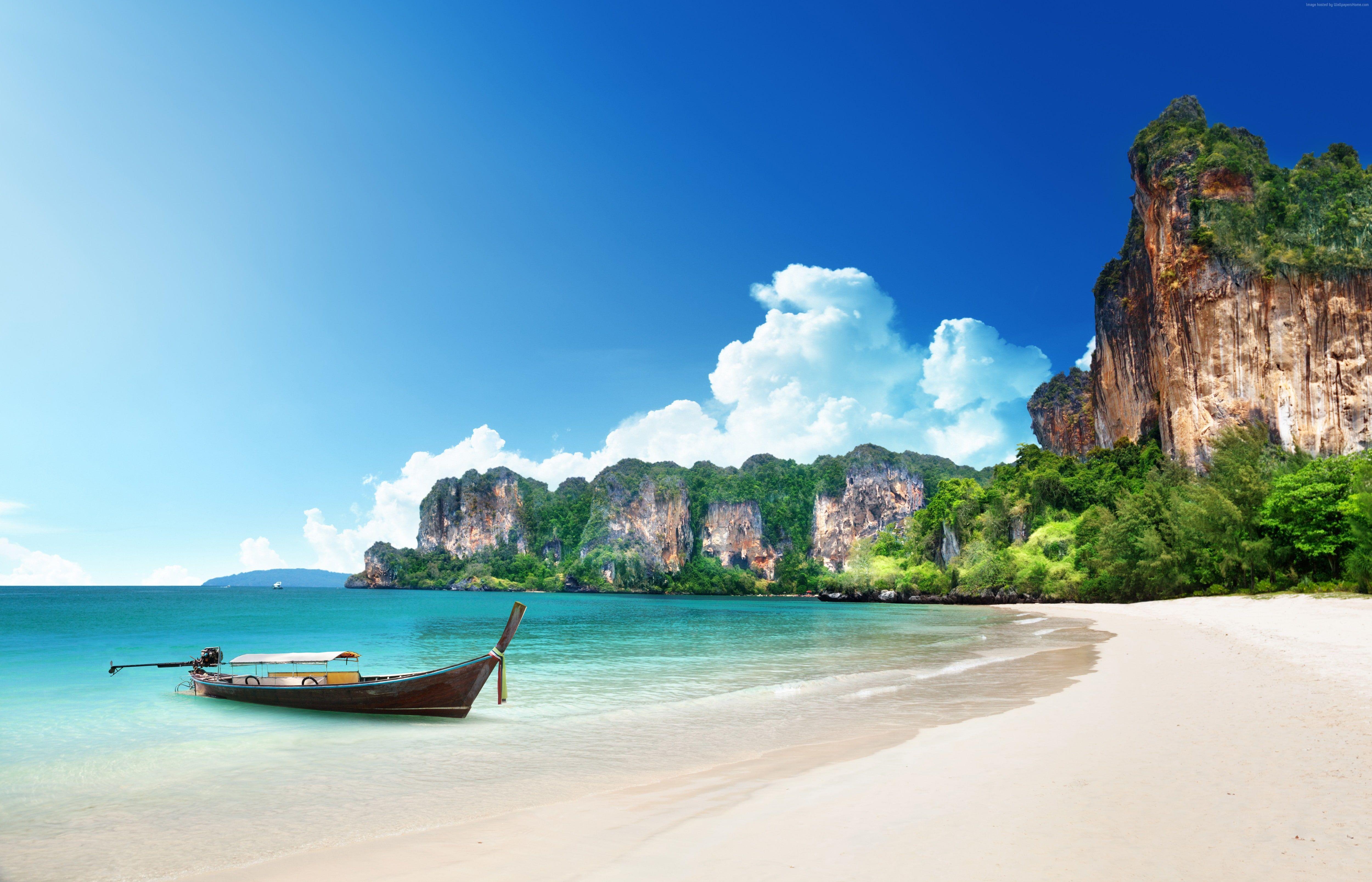 5000x3214 4k k #boat #Thailand #tourism #shore #rocks k #travel #beach K # wallpaper #hdwallpaper #desktop. Railay beach, Krabi thailand, Railay beach krabi