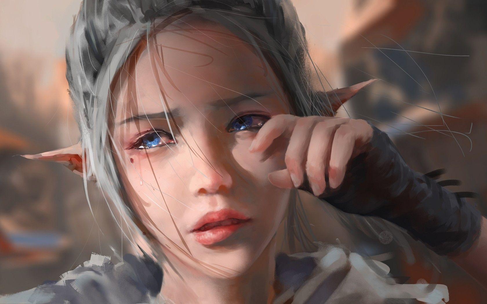 1680x1050 elves, Blue eyes, Grey hair, WLOP, Pointed ears, Tears, Crying, Fantasy art, Painting Wallpaper HD / Desktop and Mobile Background