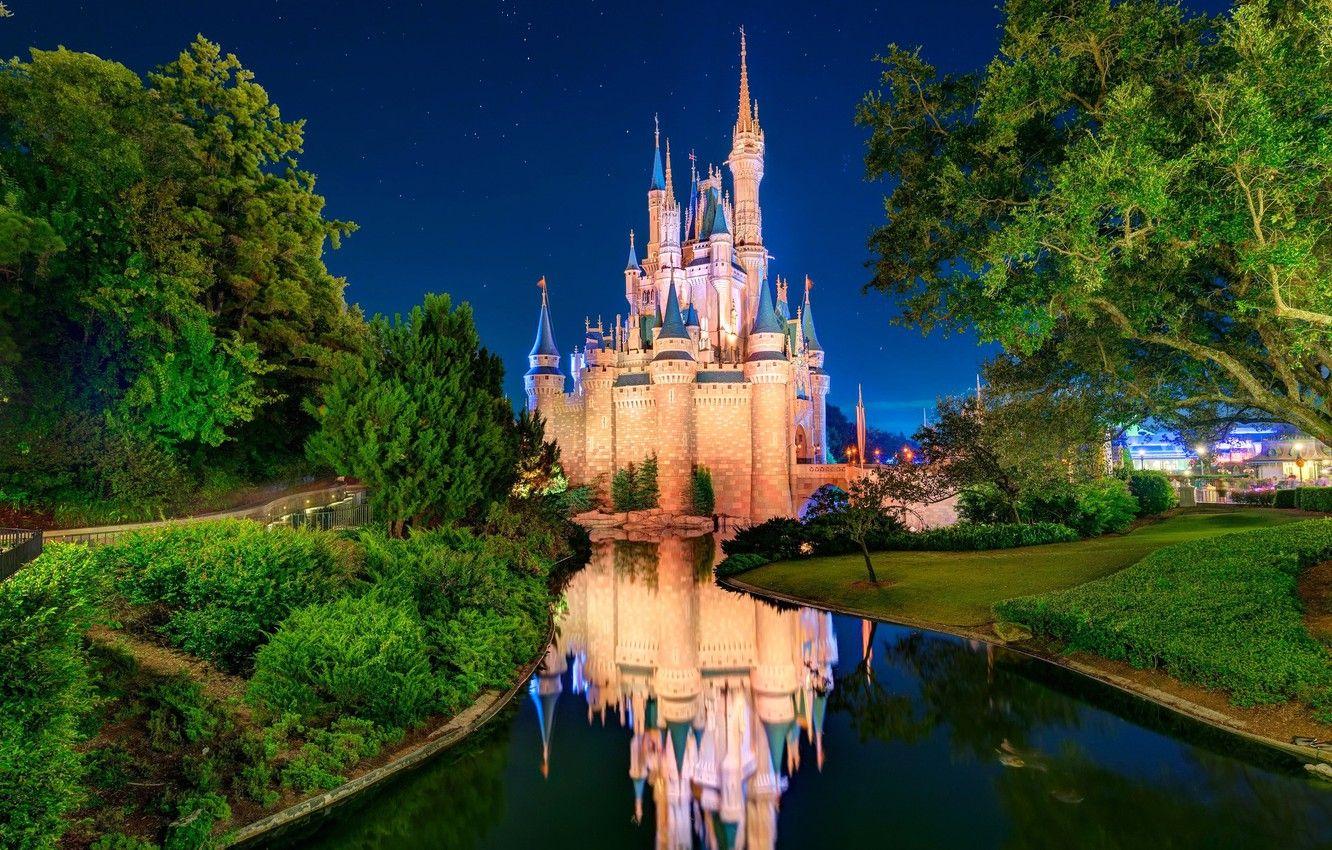 1332x850 Wallpaper the sky, stars, trees, Park, river, USA, Disneyland, Orlando, Disneyland, Cinderella castle, Cinderella castle image for desktop, section пейзажи