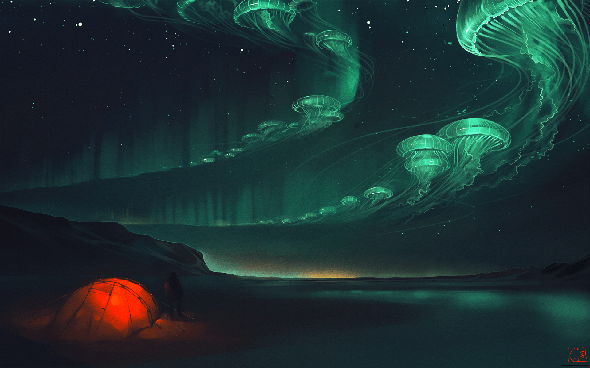 1920x1200 #artwork, #surreal, #jellyfish, #glowing, #fantasy art, #camping, #night, #tent, #mountains, #aurorae, #stars, wallpaper. Mocah.org HD Desktop Wallpaper
