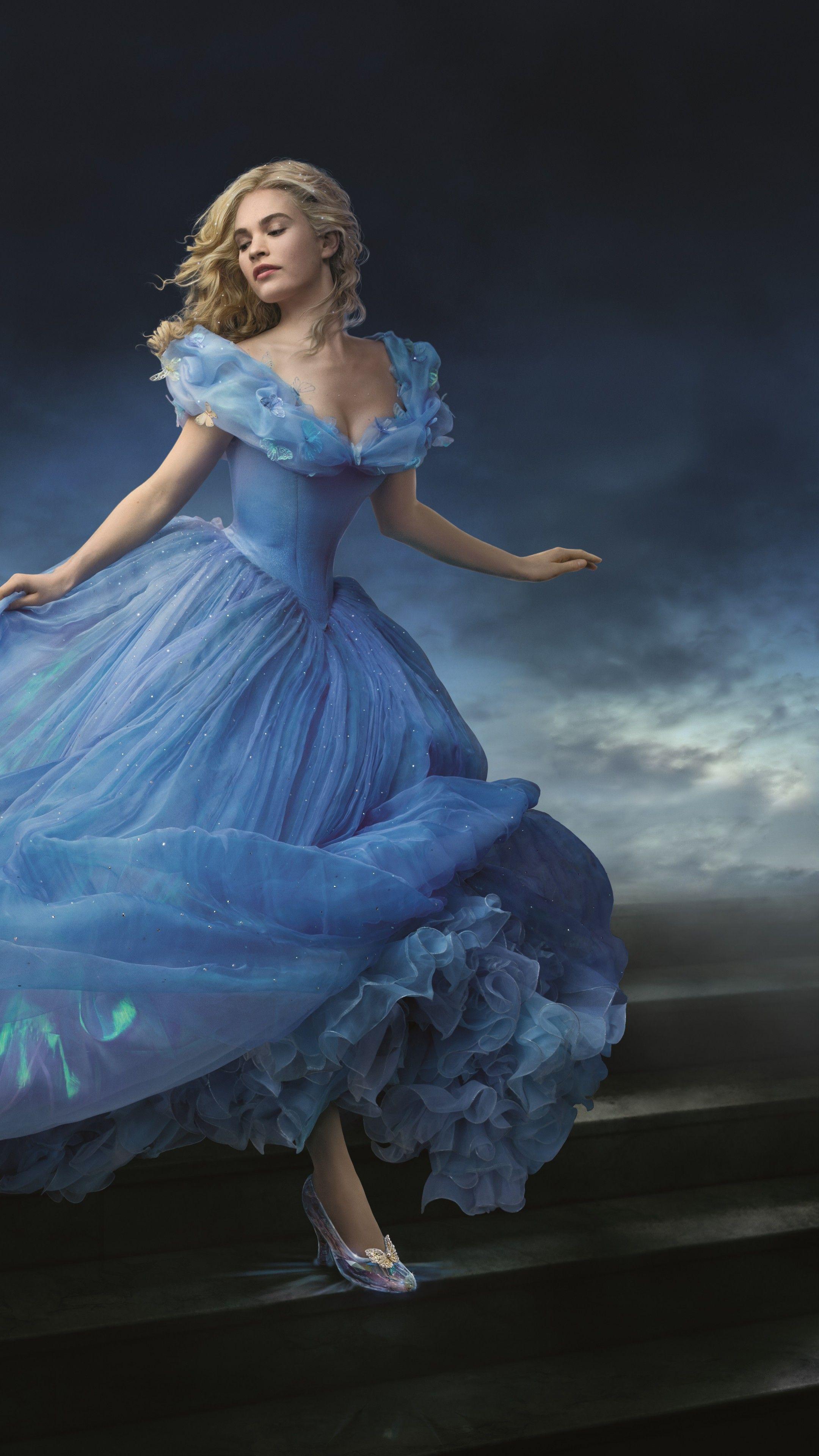 2160x3840 Wallpaper Cinderella, movie, film, romantic, blue dress, blonde, fog, Lily James, Ella, Richard Madden, Prince Charming, Helena Bonham Carter, The Fairy Godmother, Movies