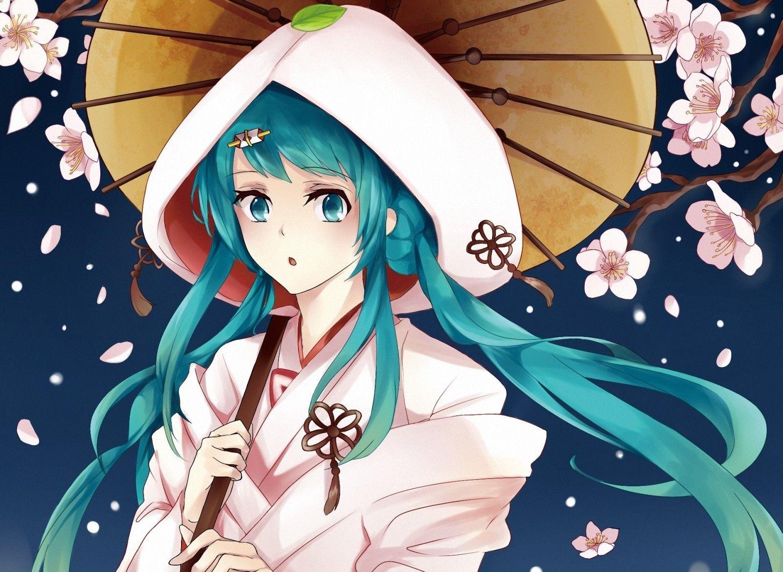 1600x1168 illustration, long hair, anime, anime girls, cartoon, Vocaloid, Hatsune Miku, Japanese clothes, aqua eyes, kimono, aqua hair, mangaka. Mocah.org HD Desktop Wallpaper