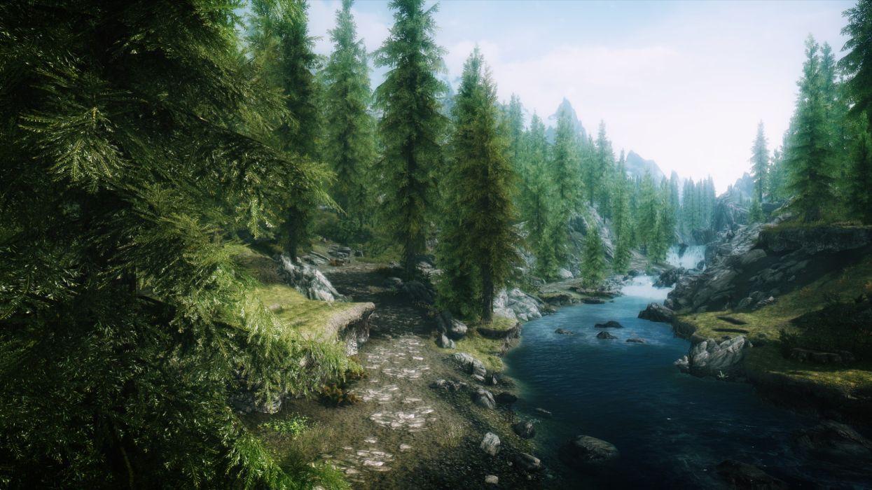 1245x700 Video games landscapes nature trees forests rivers The Elder Scrolls V: Skyrim wallpaperx1440