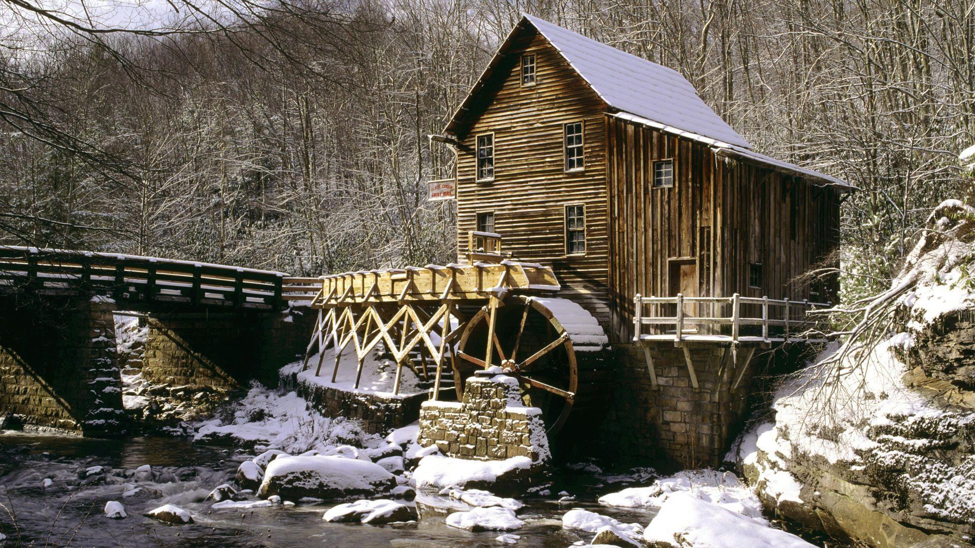 1920x1080 grist mill. Winter, babcock, state, virginia, wallpaper, park, grist, creek, glade. Glade creek grist mill, Water mill, Glade