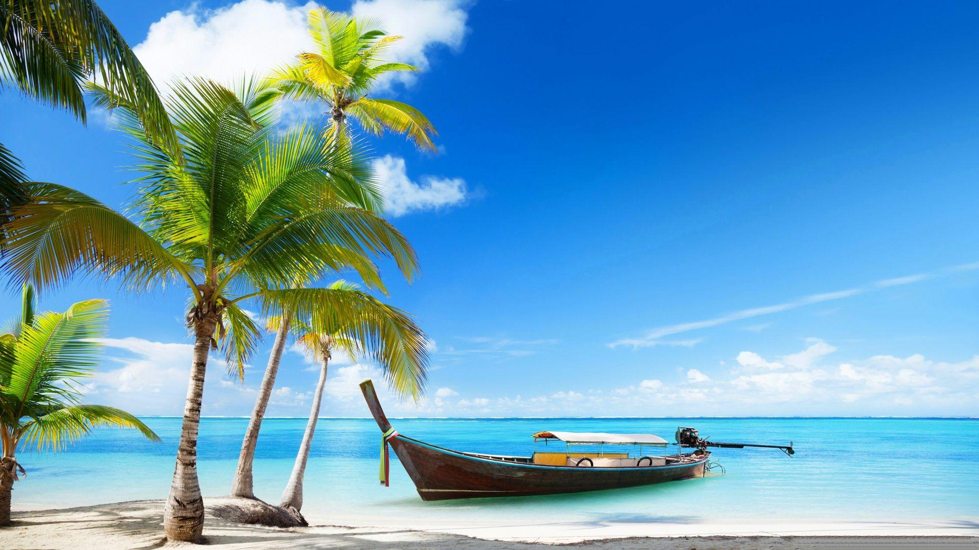1920x1080 boat, ocean, blue sky, white sand, paradise, palm trees, travel, tropical, beautiful, beach, turquoise water, summer wallpaper