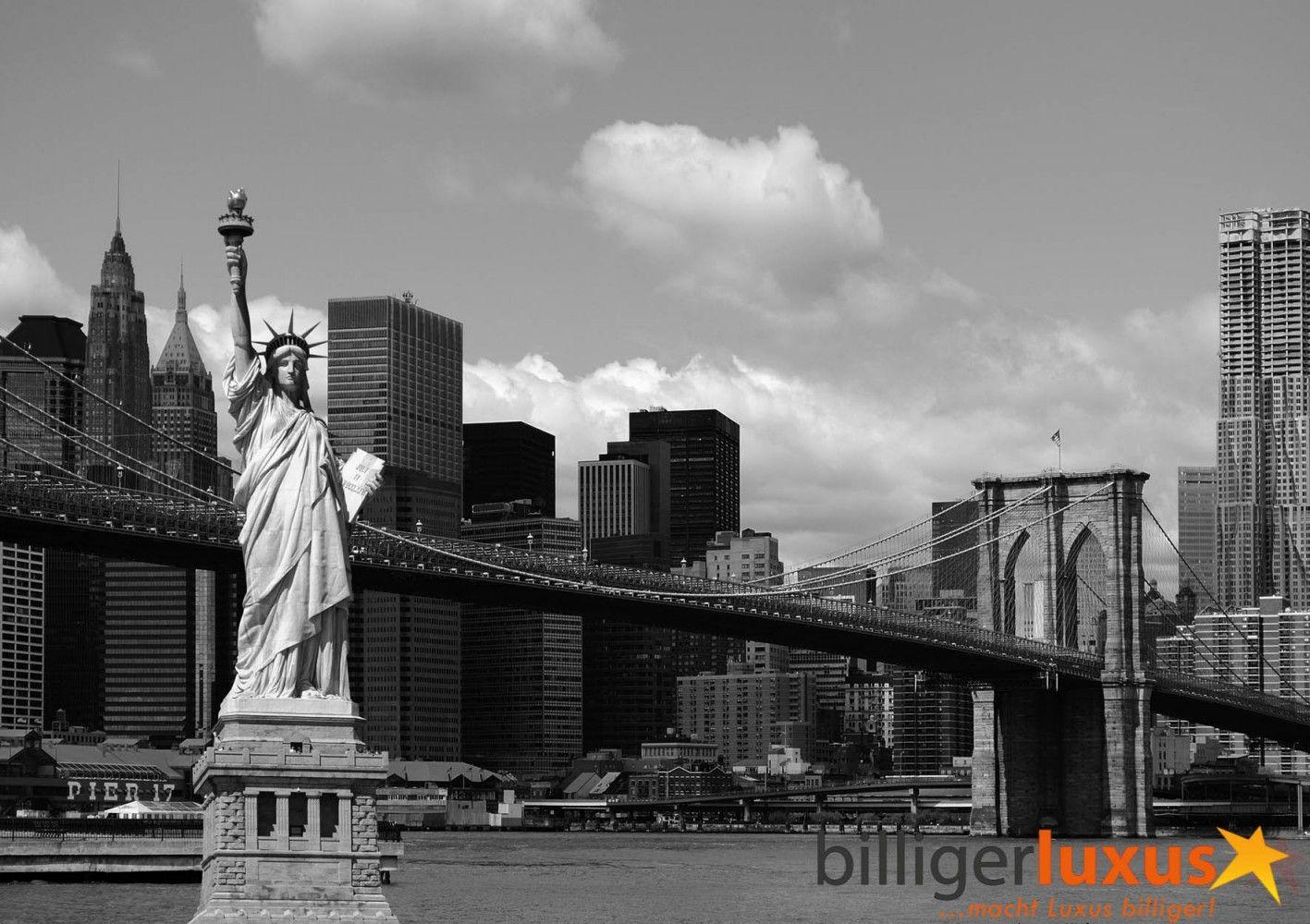 1417x1000 Wall mural wallpaper Brooklyn Bridge Statue of Liberty New York black white photo 360 cm x 254 cm / 3.94 yd x 2.78 yd