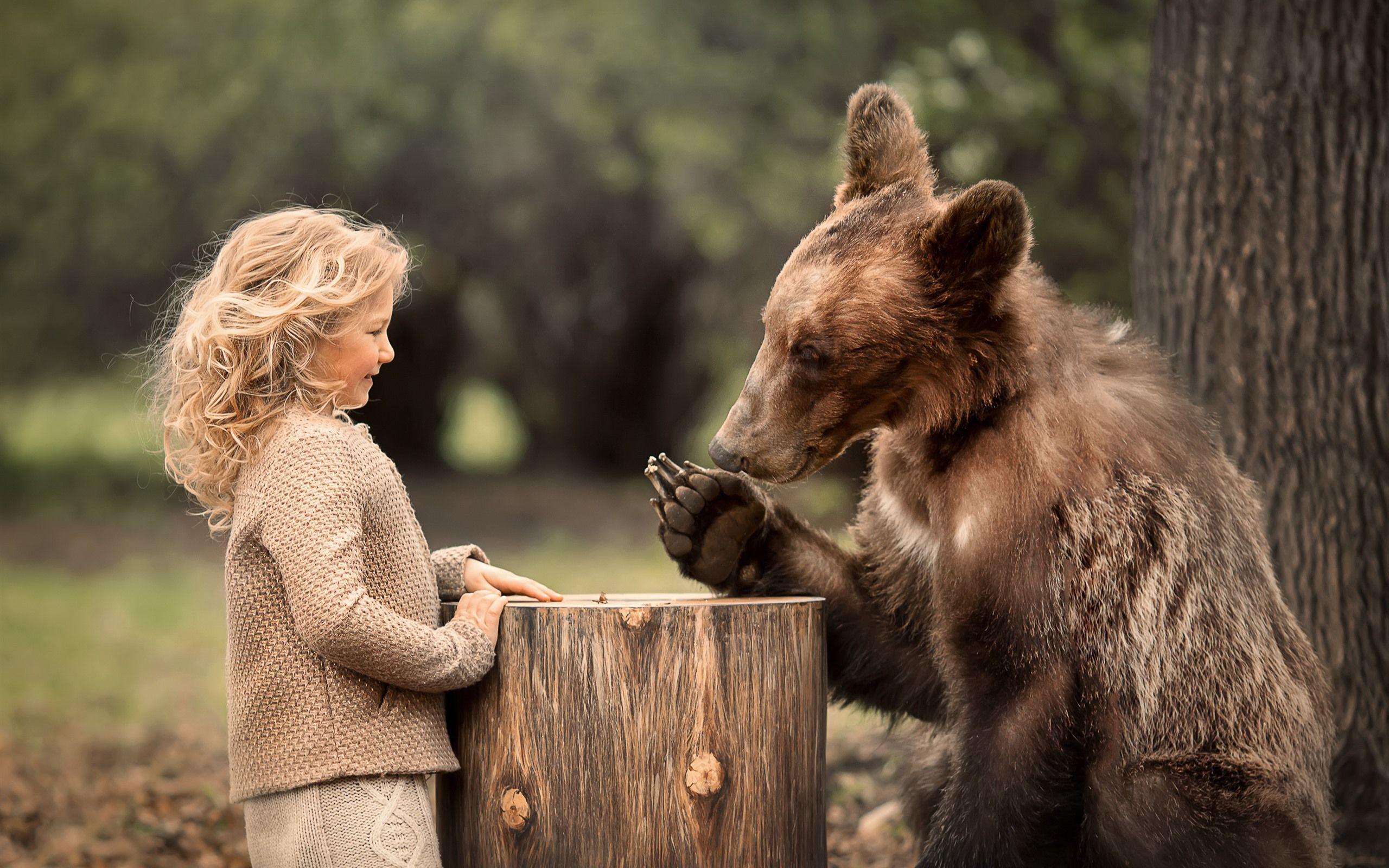2560x1600 Wallpaper Cute little girl and bear play game 2560x1600 HD Picture, Image
