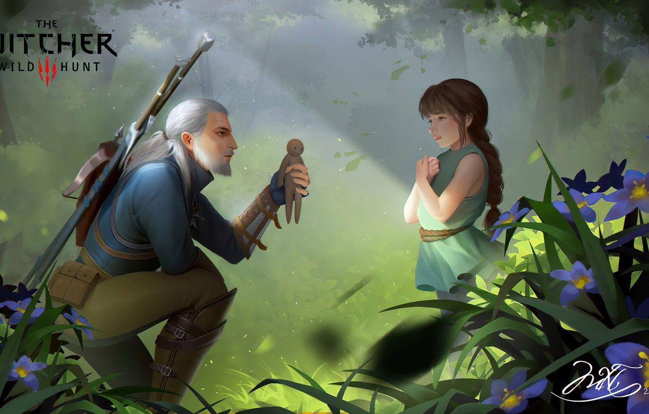 1332x850 Wallpaper forest, flowers, doll, girl, Geralt of Rivia, The Witcher 3: Wild Hunt, Little Girl image for desktop, section игры