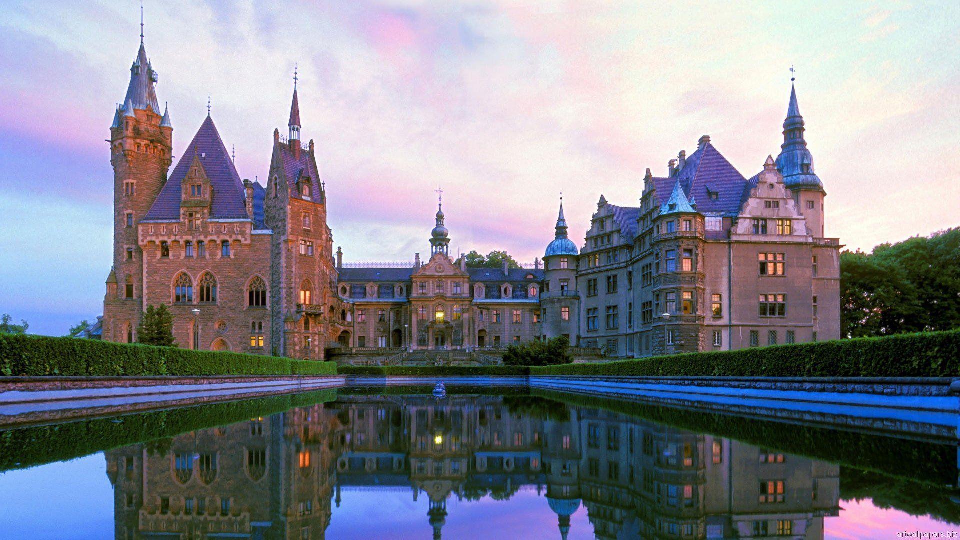 1920x1080 Man Made Moszna Castle Castle Poland Reflection Architecture Wallpaper. Waterfall castle poland, Beautiful castles, Castle