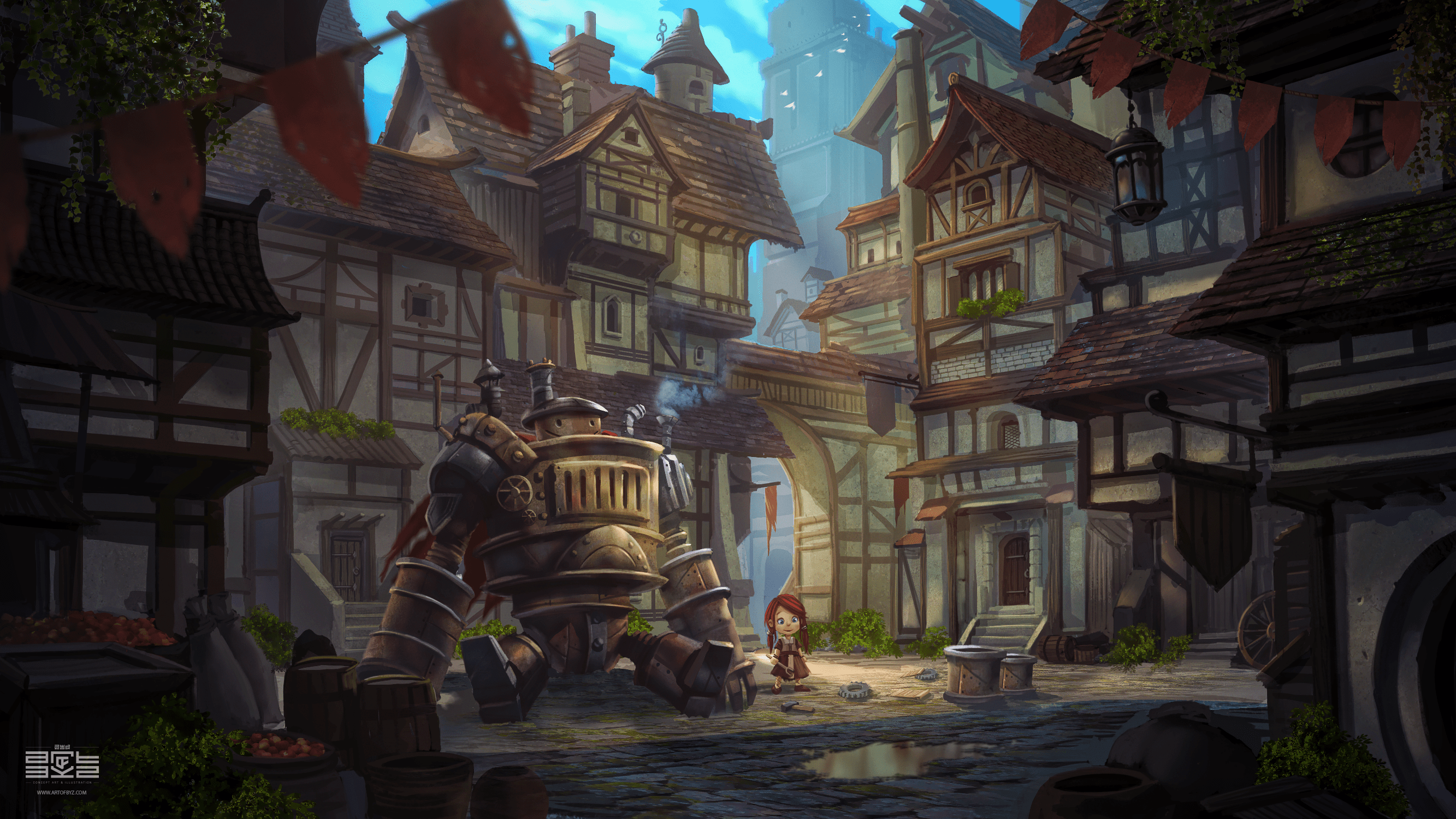 2666x1500 Child House Little Girl Robot Town Wallpaper:2666x1500