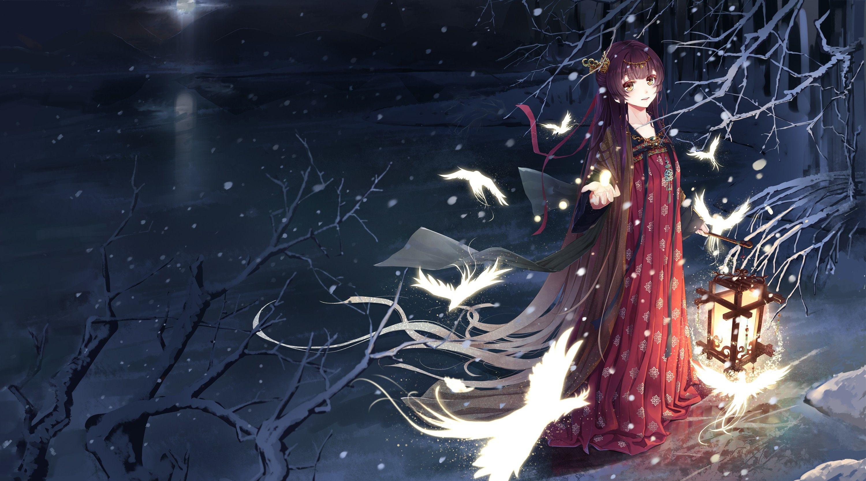 3000x1667 3000x1667 Anime, Bird, Girl, Lantern, Original (Anime), Snowfall, Winter. Mocah.org HD Desktop Wallpaper