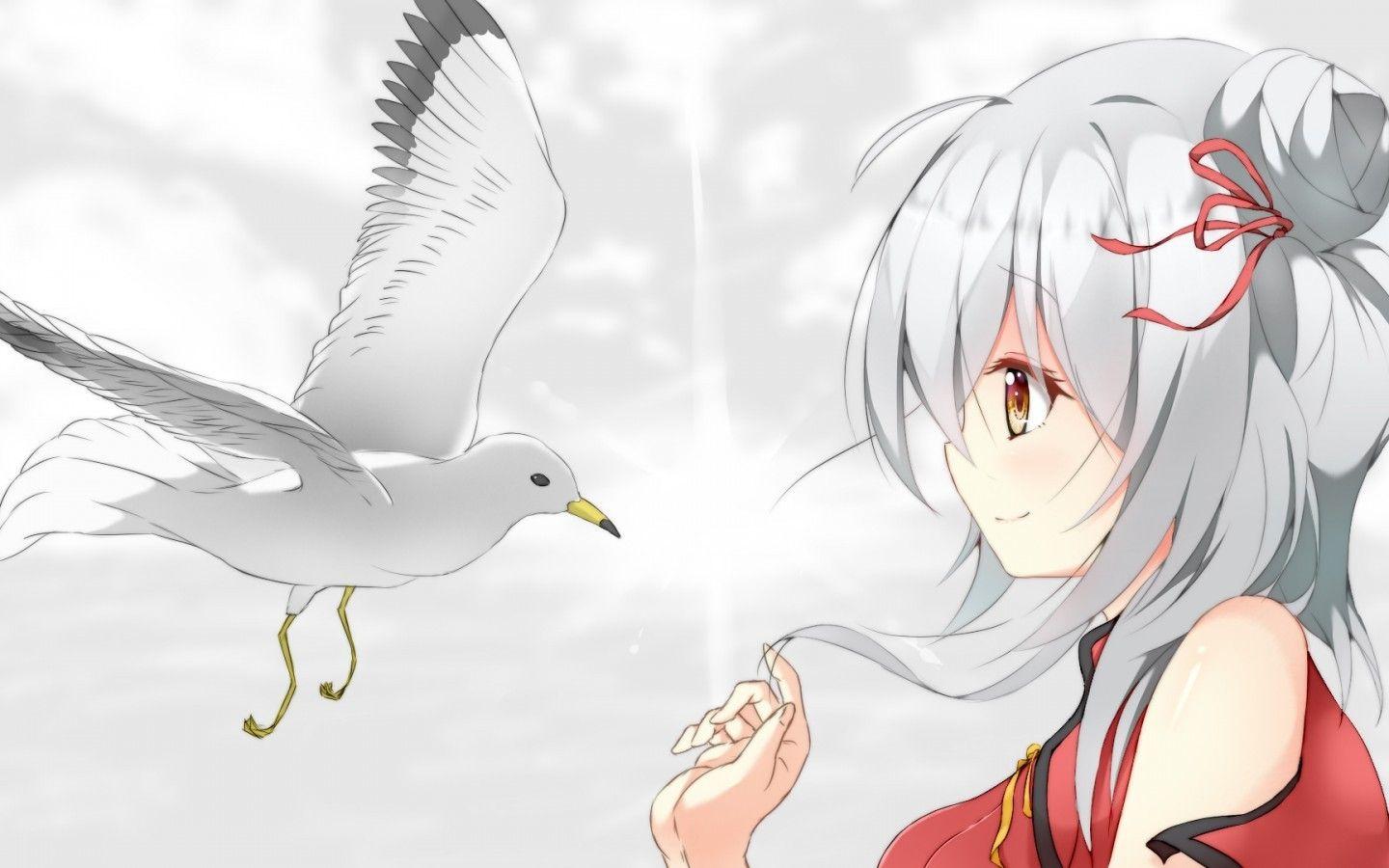 1440x900 Download 1440x900 Anime Girl, Profile View, White Hair, Bird Wallpaper for MacBook Pro 15 inch, MacBook Air 13 inch