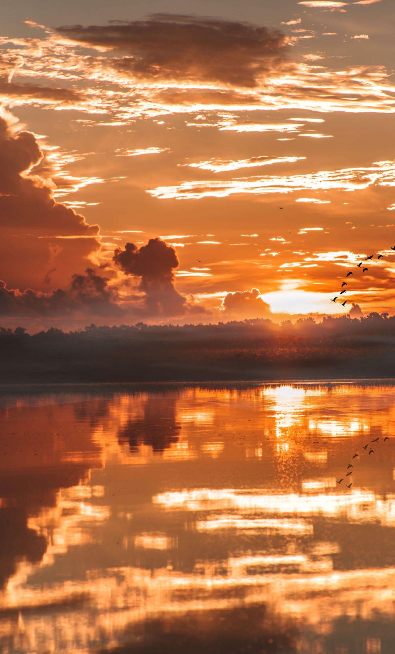 1280x2120 Download Exotic sunset, lake, reflections, clouds, nature, birds wallpaper, 1280x iPhone 6 Plus