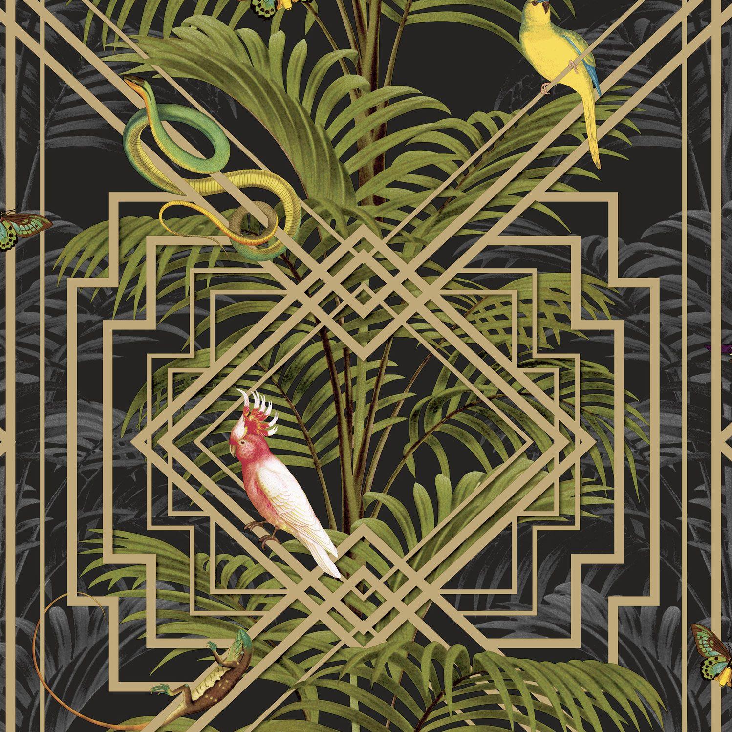 1498x1498 Birds Tropical Palm Trees Wallpaper Black Metallic Gold Green Congo Holden Decor 5022976902022