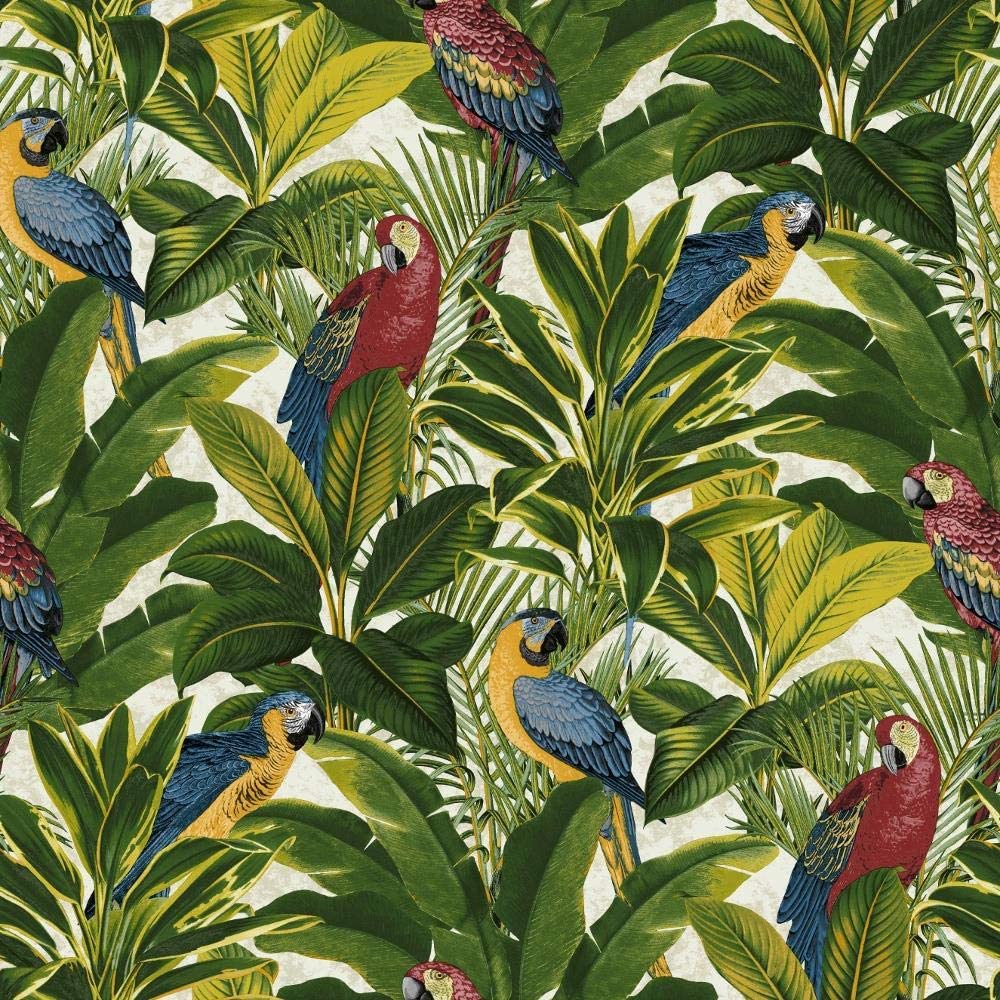1000x1000 Exotic Bird Parrot Tropical Leaves Wallpaper Floral Red Blue Yellow Green Ideco from YöL: Amazon.co.uk: DIY & Tools