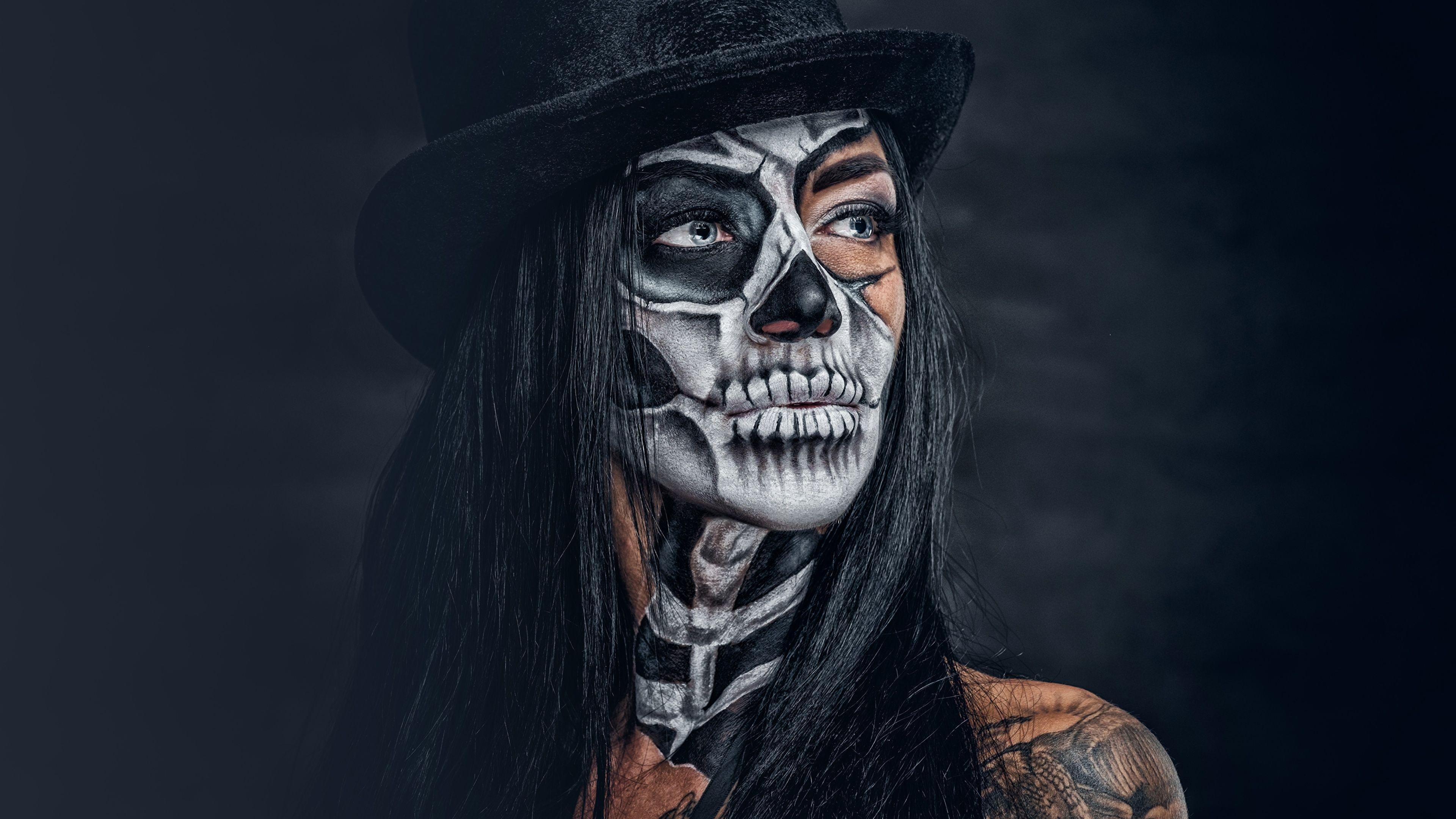 3840x2160 Picture Brunette girl Makeup day of the dead Hat Girls 3840x2160