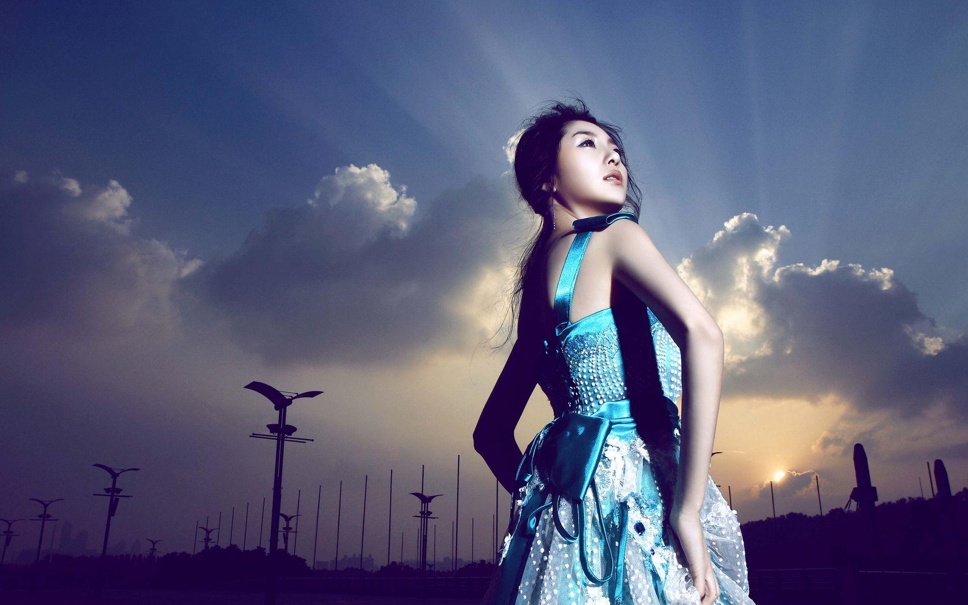 1920x1200 Girl in Decent Blue Dress, Laces Are All Around, She is Like a Princess, With Rising Sun, She is Such an Attraction