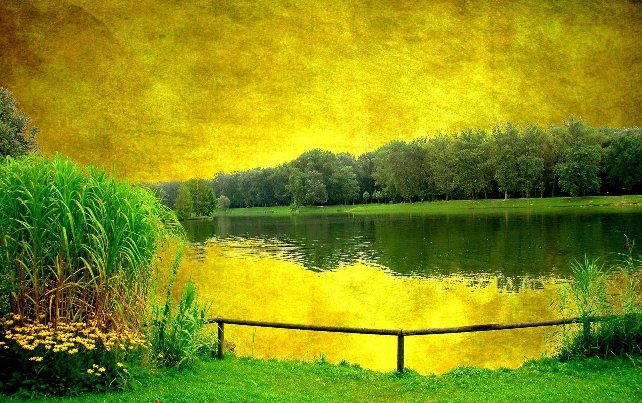 1280x804 Yellow Sky Green Scenery Lake wallpaper. Yellow Sky Green Scenery Lake