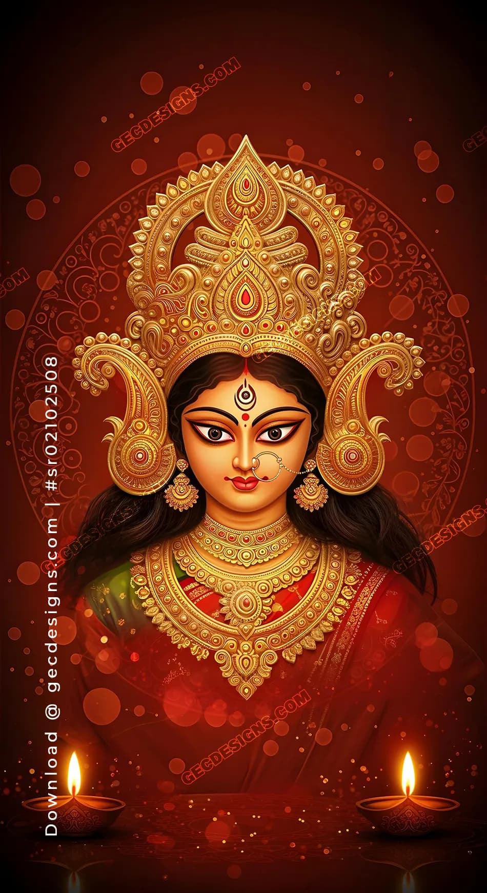 950x1742 Dussehra Maa Durga iPhone Wallpaper with Red Saree, Golden Crown, and Glowing Diyas: Free & Premium Creative Assets
