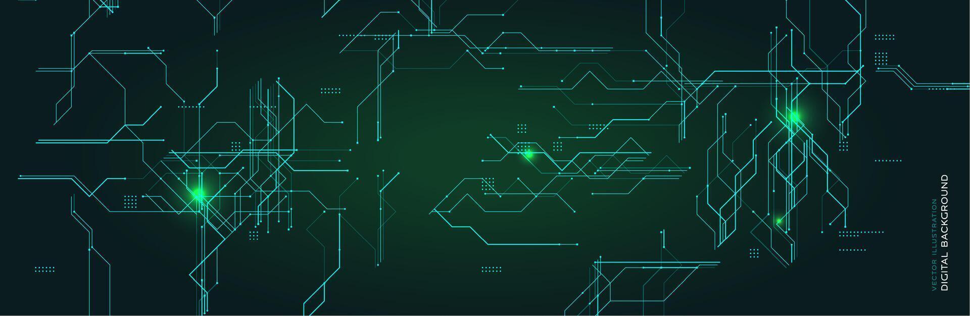 1920x626 Futuristic digital background with glowing lines and circuit elements. Ideal for technology, data, and cybersecurity themes. Hightech style with green light abstract design. illustration