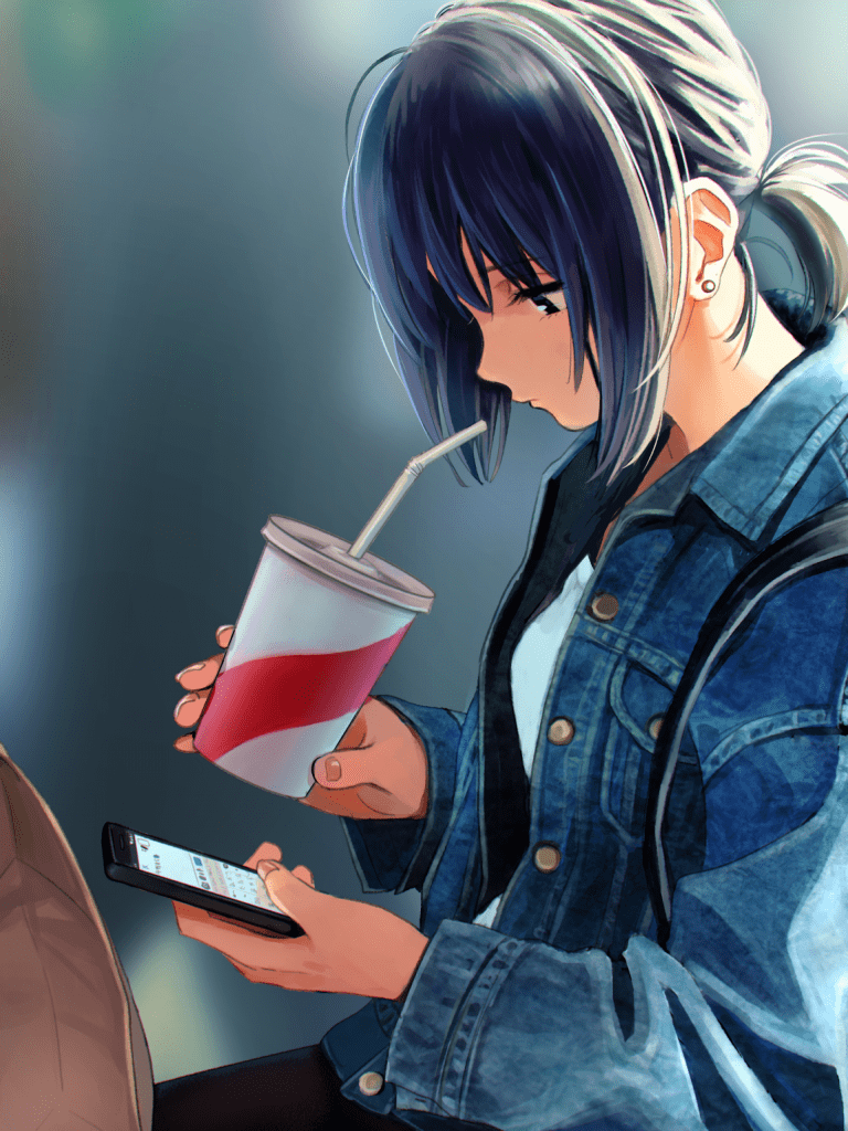 768x1024 Download 768x1024 Anime Girl, Drinking, Smartphone, Slice Of Life, Short Hair, Earring Wallpaper for Apple iPad Apple iPad Mini