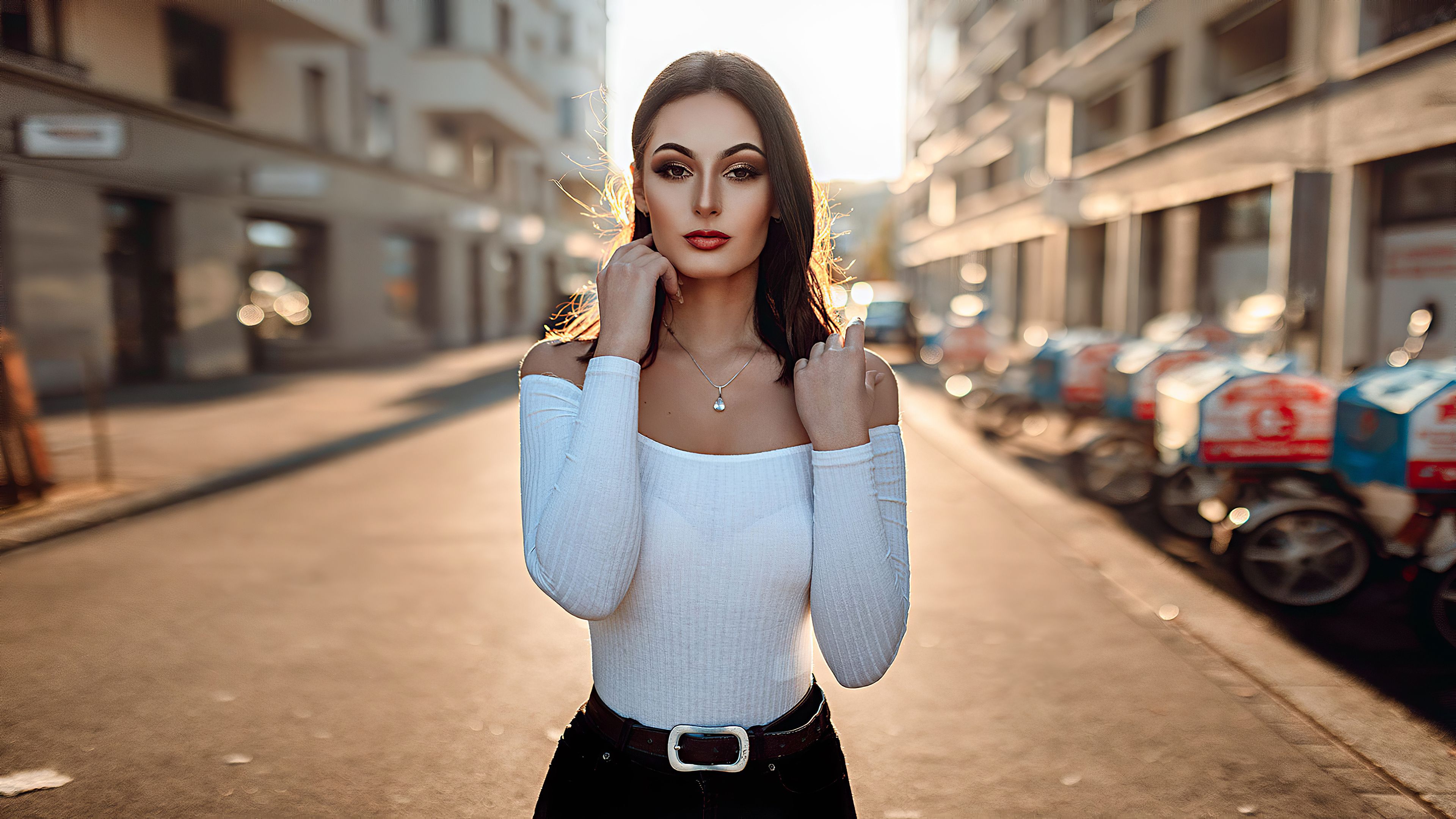 3840x2160 Wallpaper Portrait, Shoulder, White, Lip, Street Fashion, Background Free Image