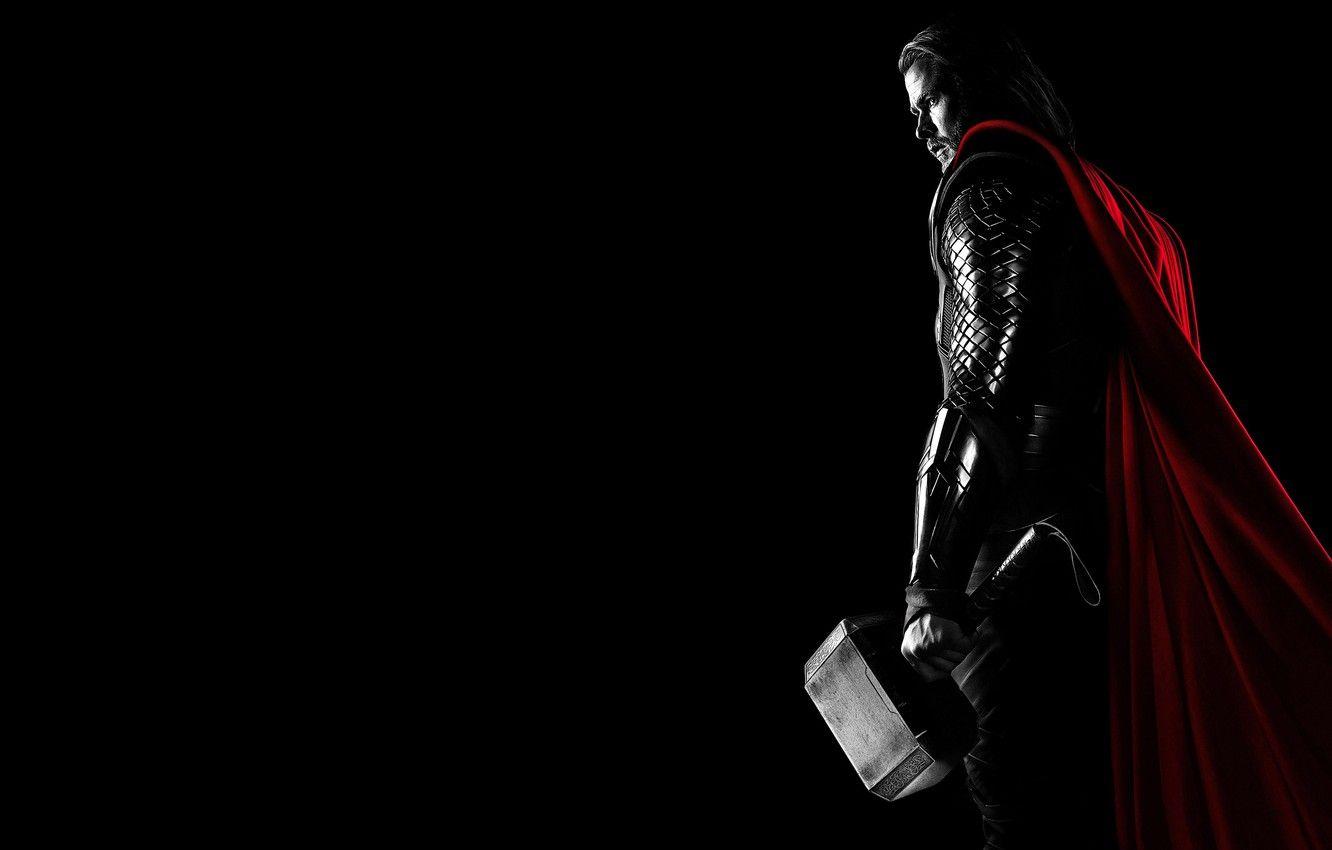 1332x850 Wallpaper fiction, armor, hammer, black background, red, Cape, comic, Thor, Thor, Chris Hemsworth, Chris Hemsworth image for desktop, section фильмы