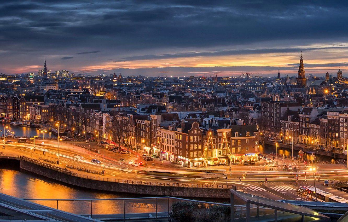 1332x850 Wallpaper River, Amsterdam, Amsterdam, Night city, Night Cities image for desktop, section город