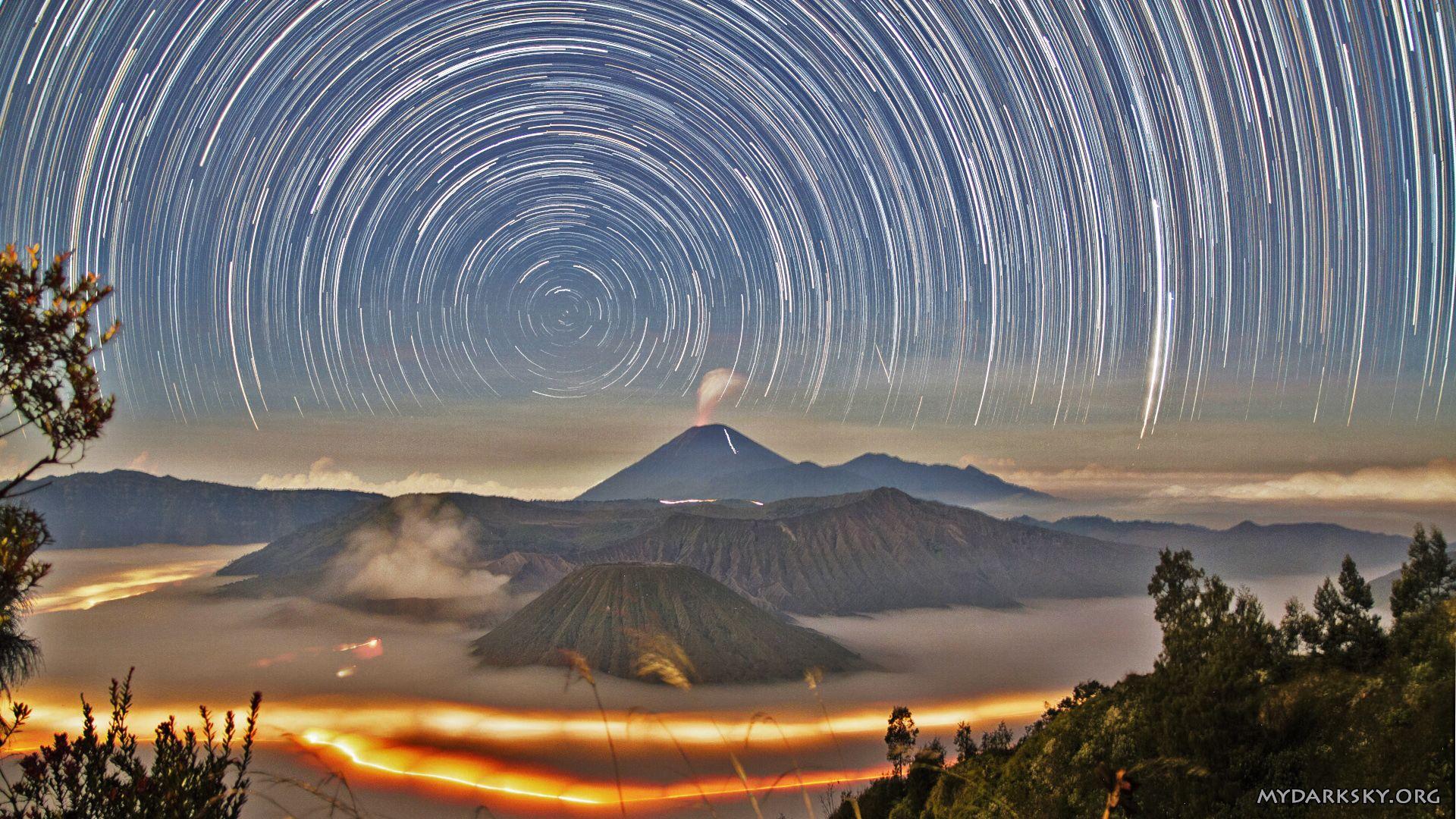 1920x1080 A Stunning Star Trail Photo Featuring Active Volcanoes Mount Semeru and Mount Bromo in Indonesia