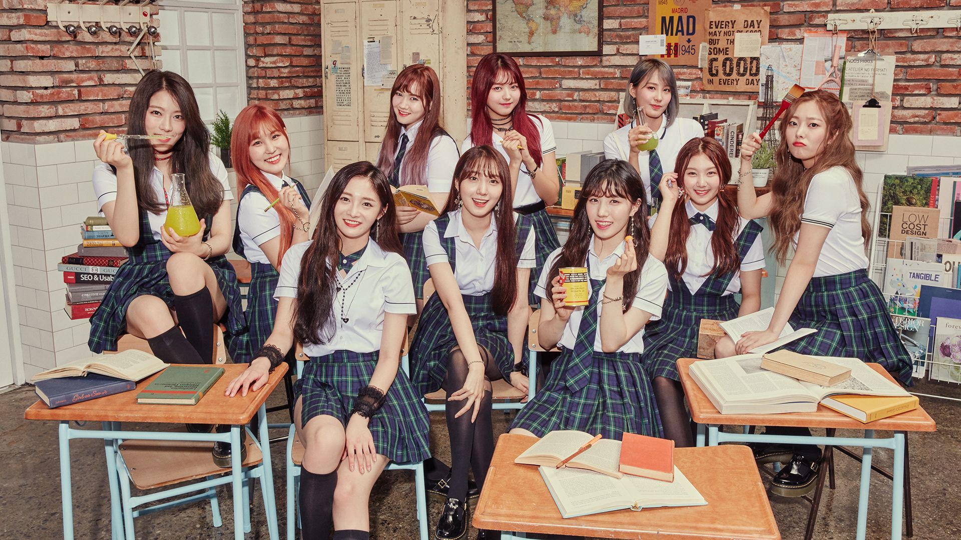 1920x1080 Desktop wallpaper: Music, Pristin, Asian, Brunette, Girl Band, Korean, K Pop, Pristlin, Redhead, School Uniform, Singer, Skirt, Smile 4K free download for PC. 885990