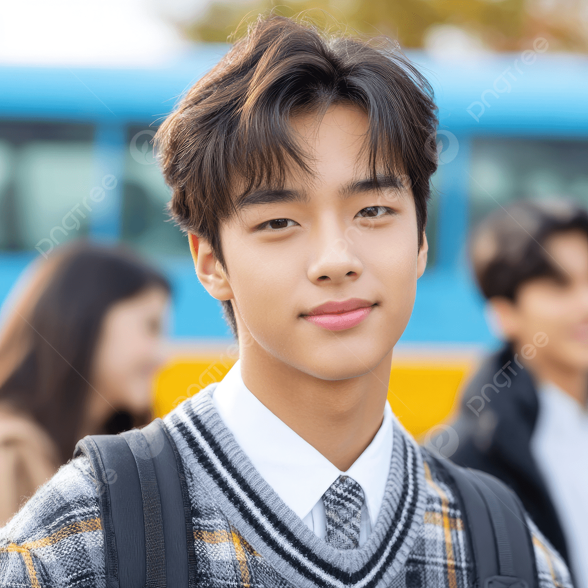 1200x1200 A Cute Korean High School Boy With Short Hair Wearing Plaid Sweater And Tie Uniform People Passing By Are On Blurred Background, Boy, Cute, Korean Background Image And Wallpaper for Free Download