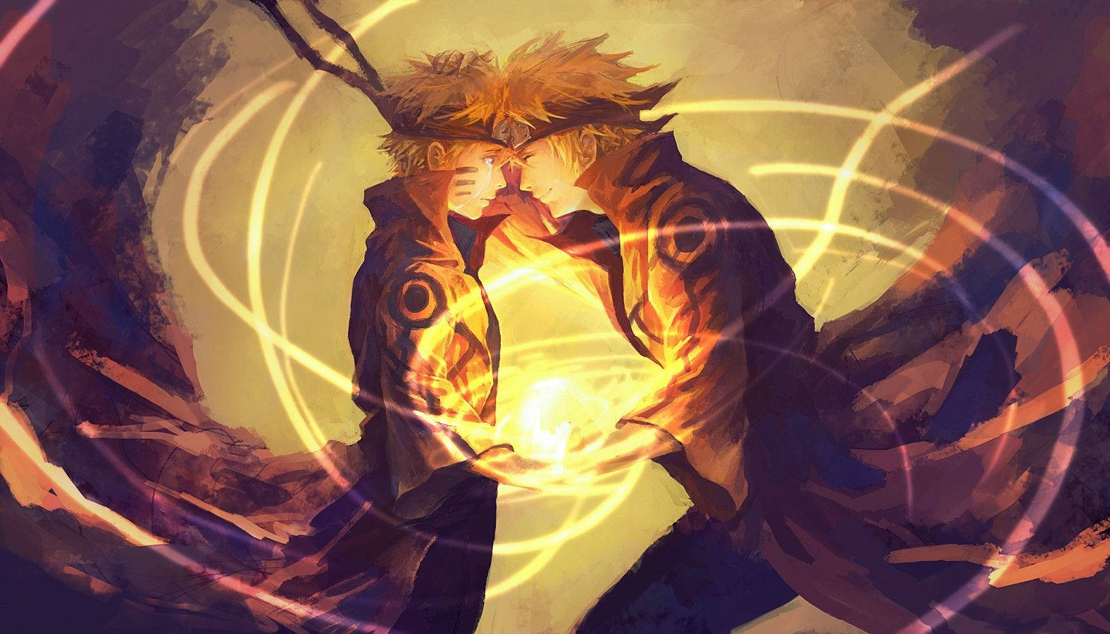 1576x900 Yellow Backdrop Old And Young Naruto With Rasengan Wallpaper