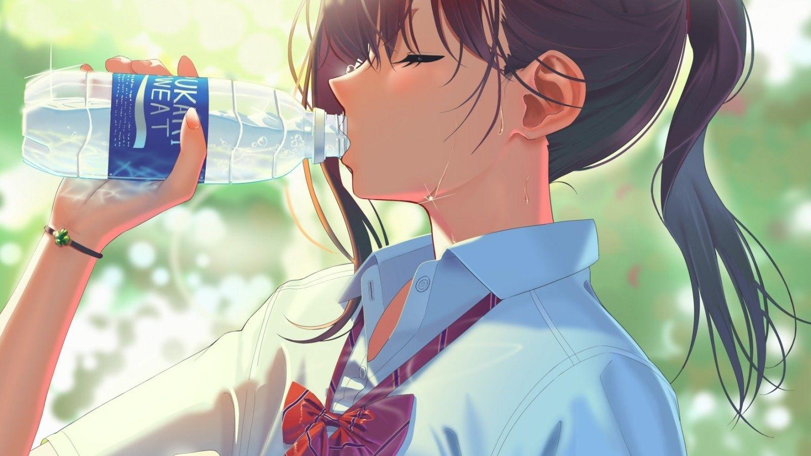 1600x900 Download 1600x900 Anime School Girl, Drinking Water, Closed Eyes, Brown Hair, School Uniform Wallpaper