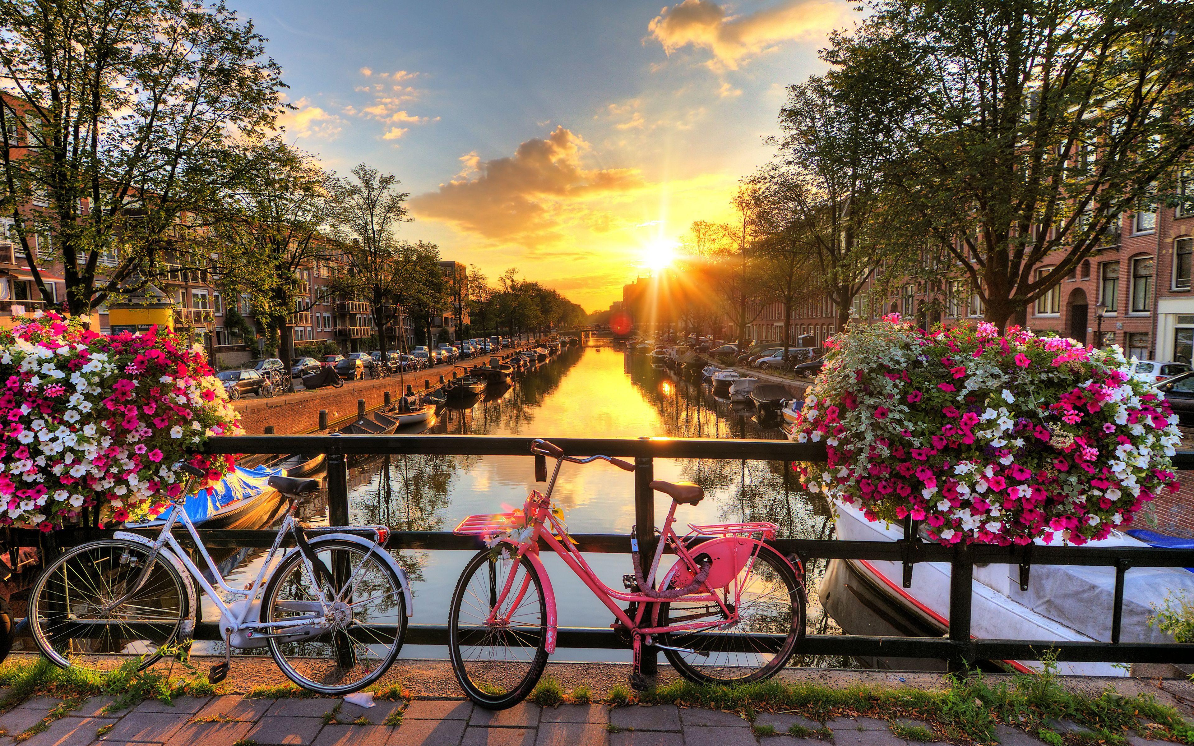3840x2400 Image Amsterdam Netherlands Bicycle Sun Bridges Sunrises 3840x2400