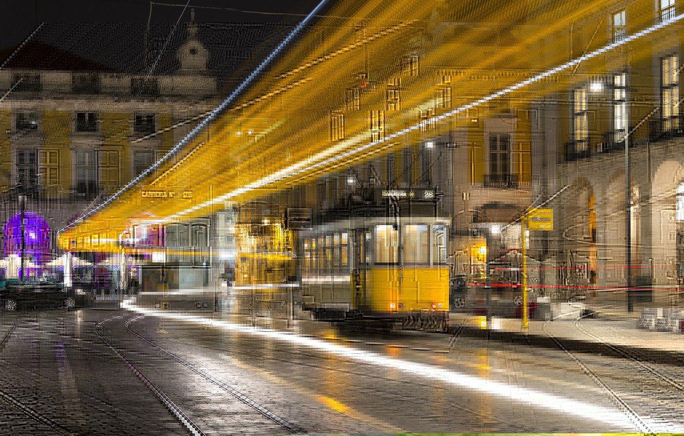 1332x850 Wallpaper night, the city, tram, Portugal, Lisbon image for desktop, section город