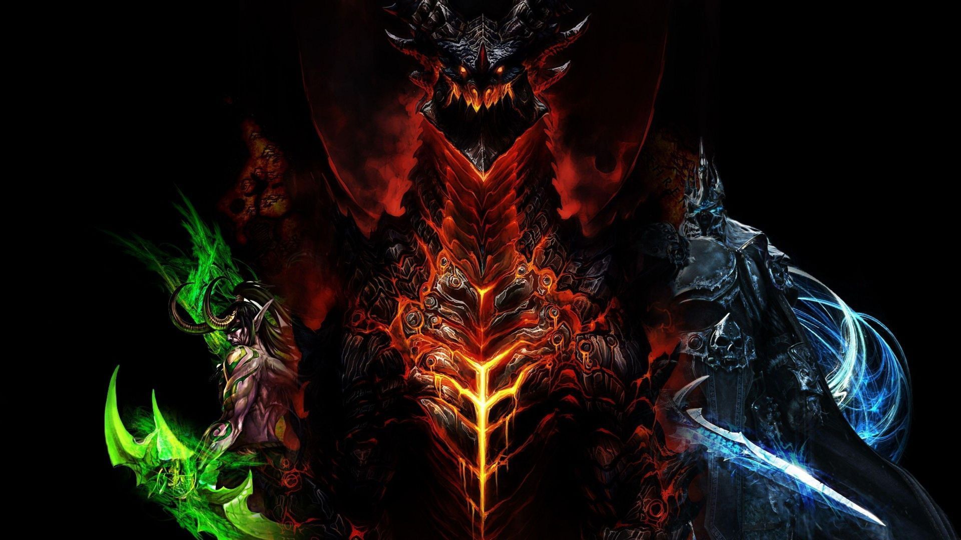 1920x1080 Wallpaper World of Warcraft, Lich King, black background, Blizzard, Warcraft, WWII, Deathwing, Illidan for mobile and desktop, section фантастика, resolution 1920x1080