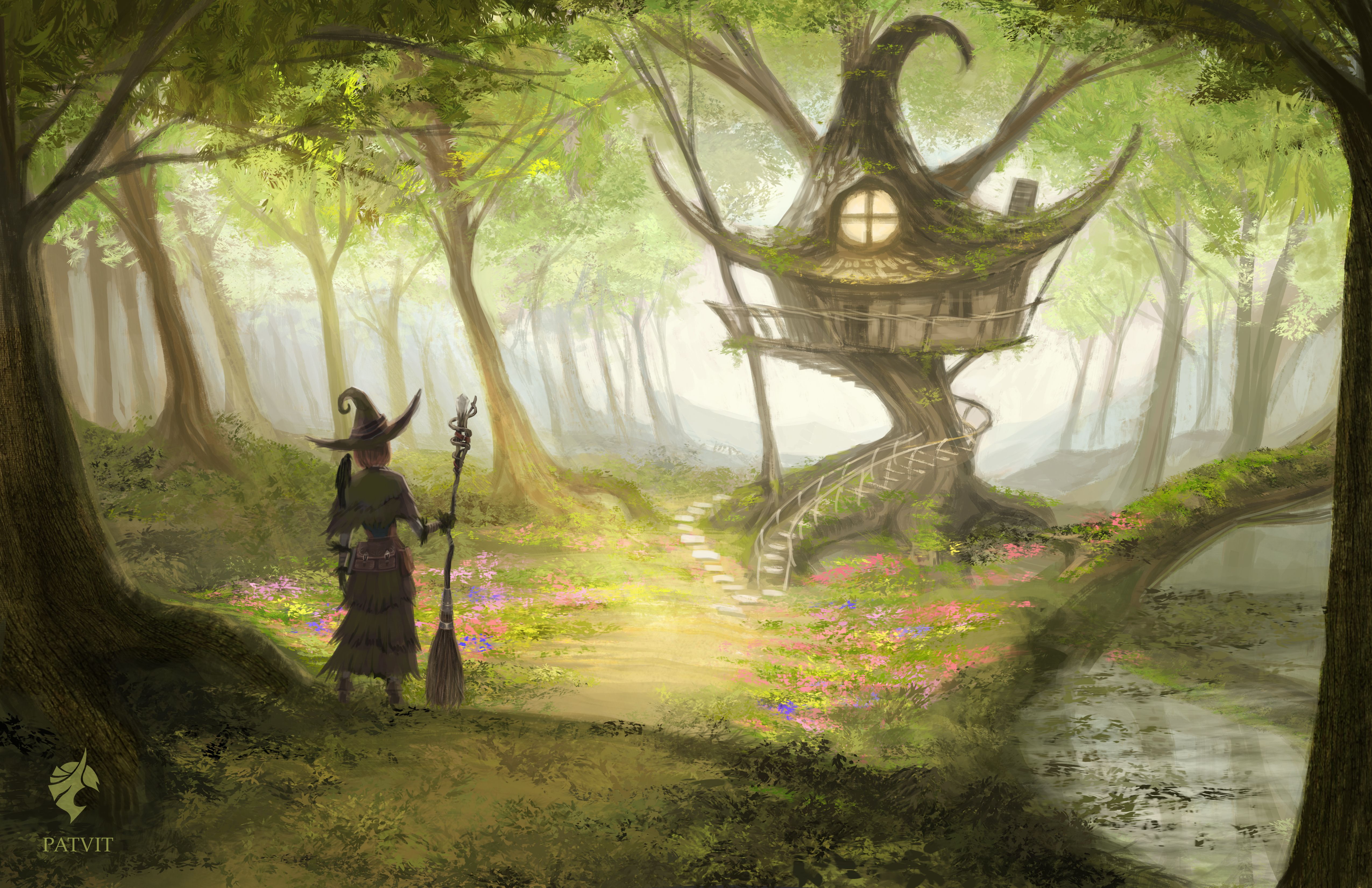 5100x3300 Enchanted Witch's Tree House in a Mystical Forest