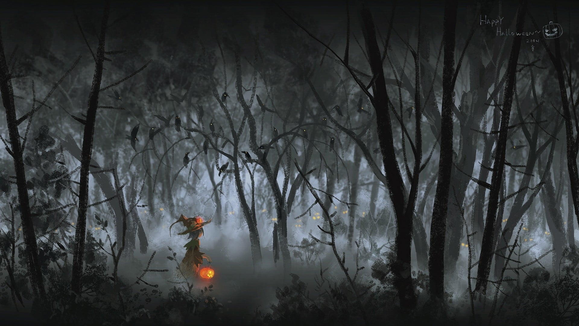 1920x1080 Witch in forest painting, artwork, fantasy art, Halloween, pumpkin HD wallpaper