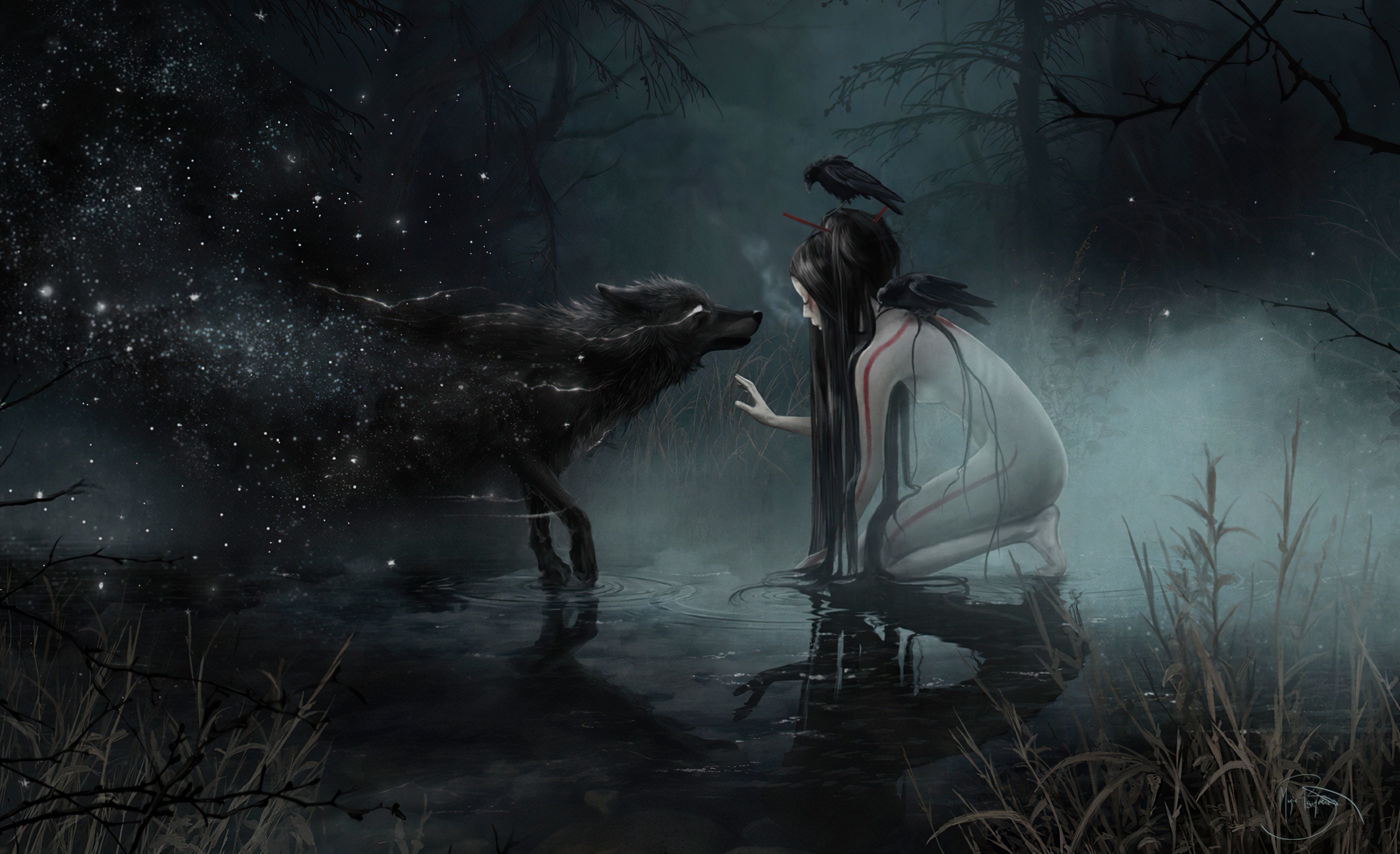 2800x1708 Wallpaper swamp, wolf, witch, werewolf, undead, wolf, witch, dark forest for mobile and desktop, section фантастика, resolution 2800x1708