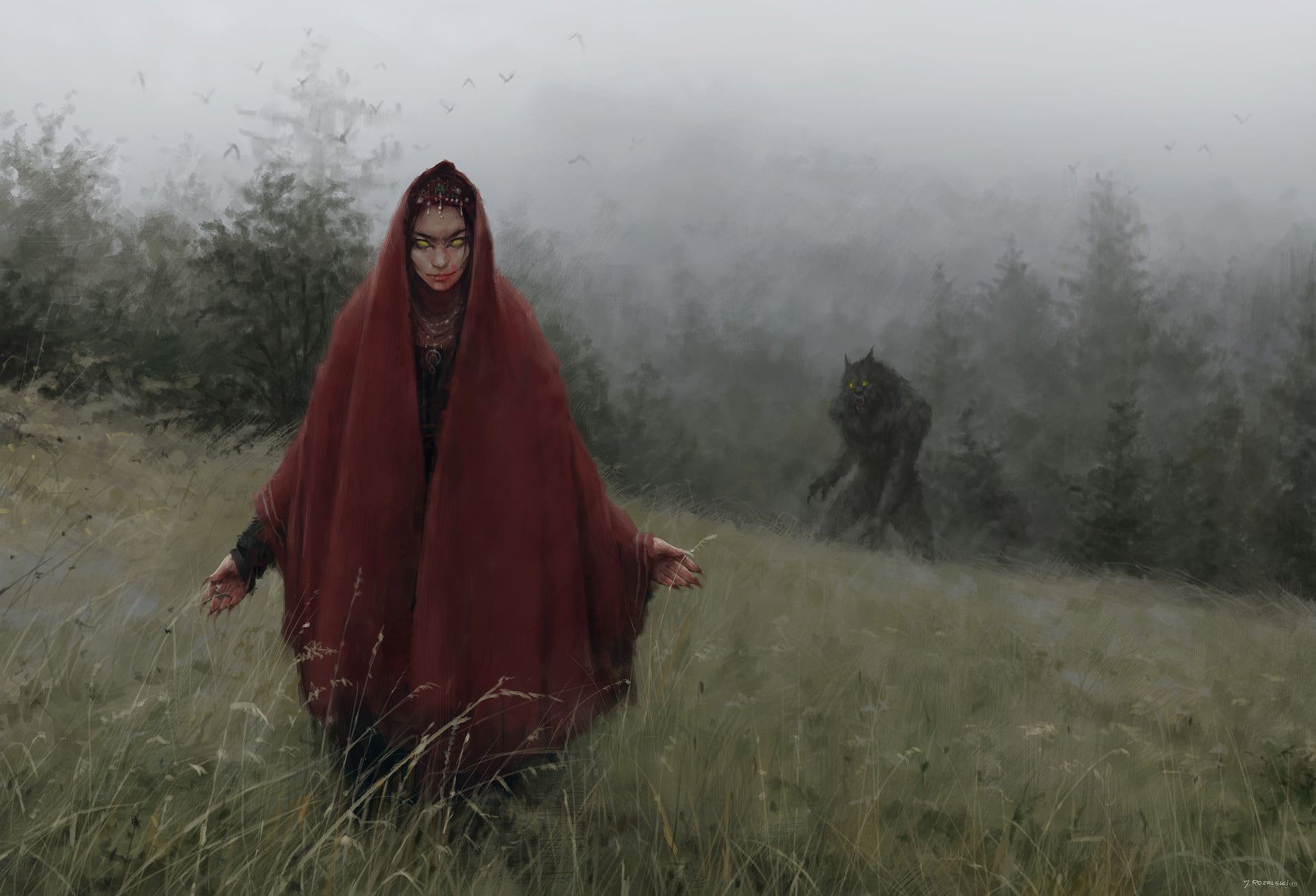 1920x1308 Red robe, witch, werewolves, mist, forest HD wallpaper