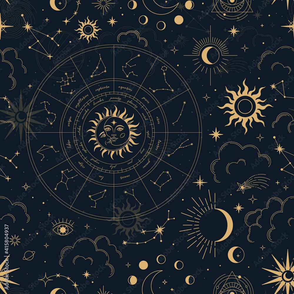 1000x1000 Vector Magic Seamless Pattern With Constellations, Zodiac Wheel, Sun, Moon, Magic Eyes, Clouds And Stars. Mystical Esoteric Background For Design Of Fabric, Packaging, Astrology, Phone Case, Yoga Mat Stock Vektor