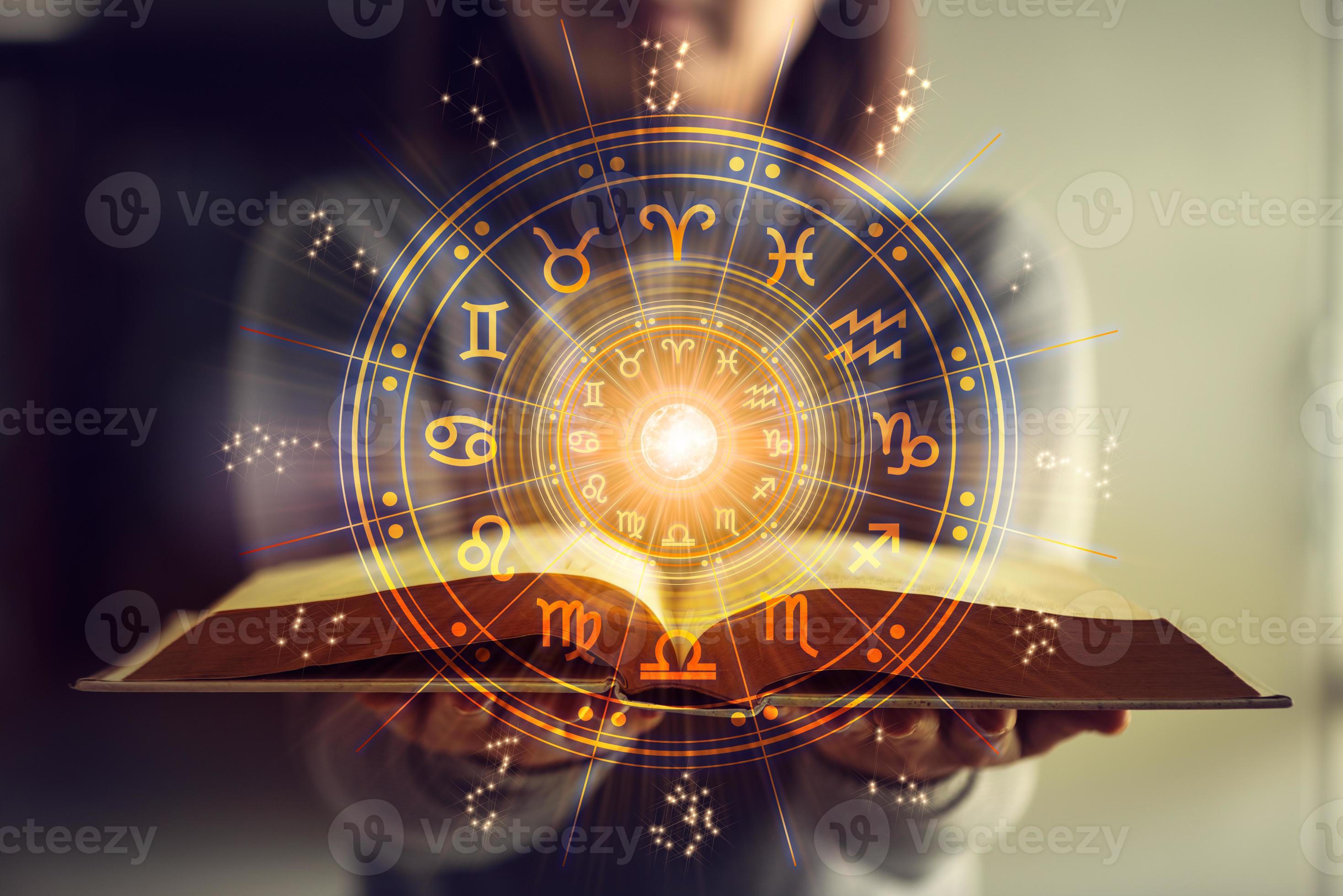 2937x1960 Woman holding a astrology book. Astrological wheel projection, choose a zodiac sign. Astrology esoteric concept