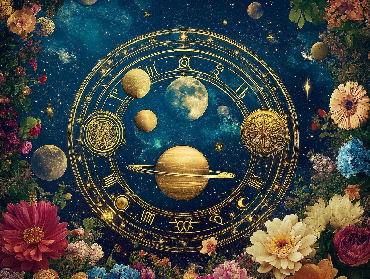 1200x904 Celestial Zodiac Wheel Mural Wallpaper. Navy and Gold Floral